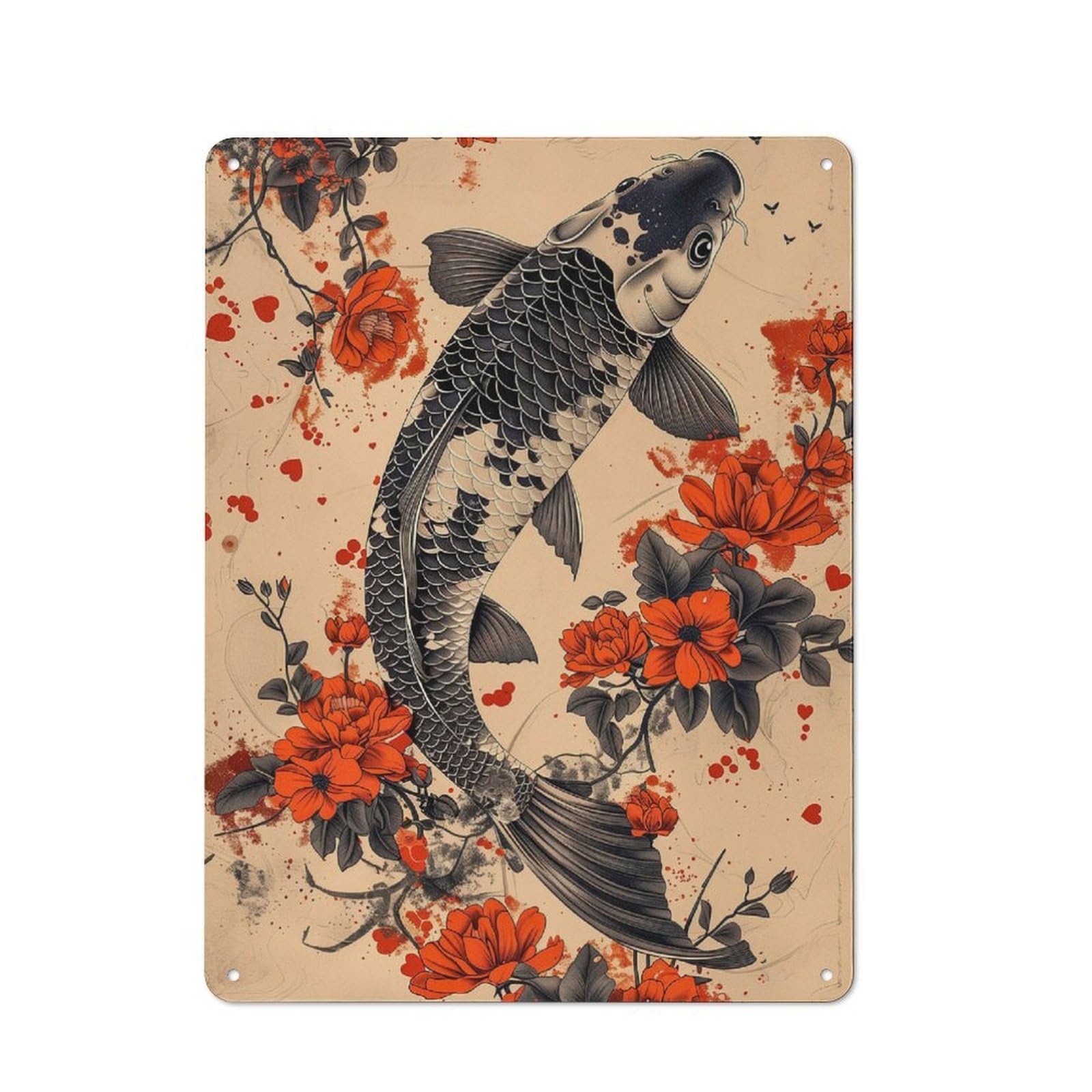 Junmoney Ink Art Koi Fish Vintage Metal Plaque 40X30cm For Café Or Home Bar, For Vintage Wall Decor Fans, For Home Office And Studio Walls