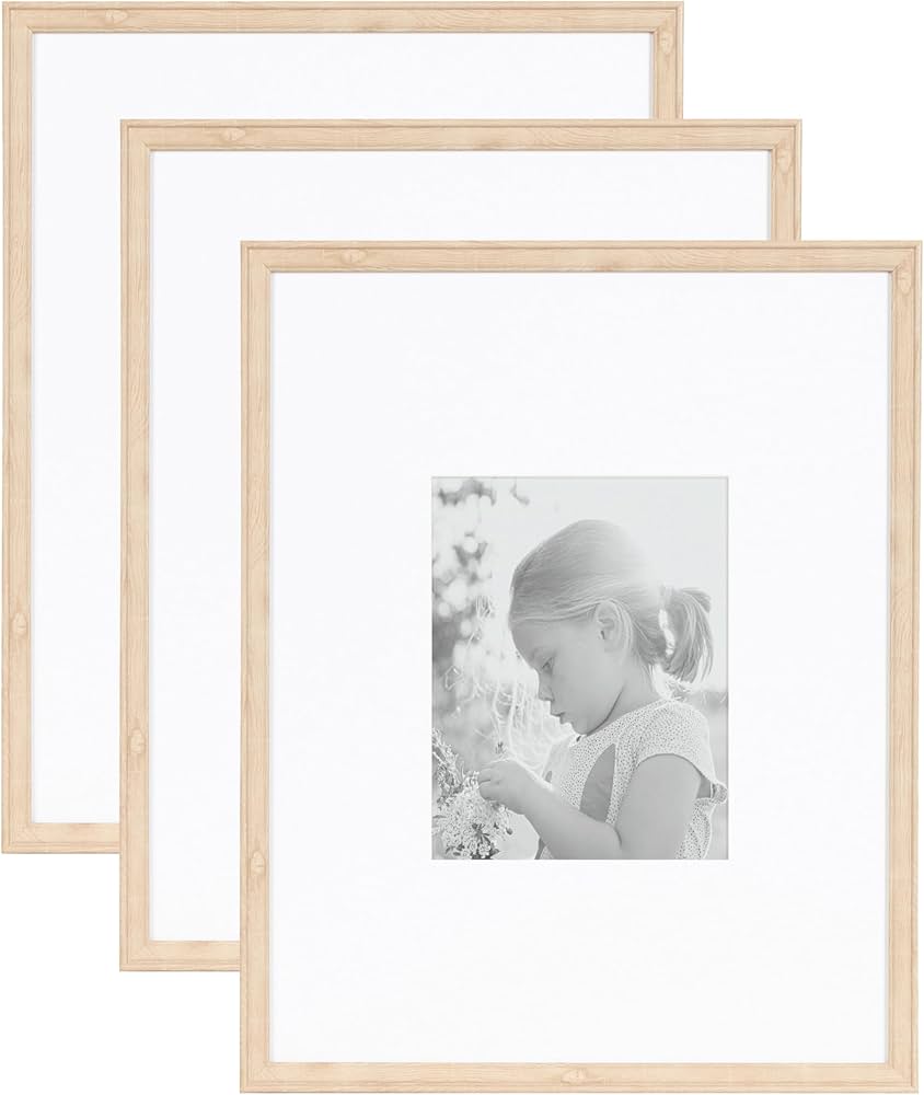 Kate and Laurel Adlynn Rectangle Picture Frame Set of 3, 16 x 20 matted to 8 x 10, Natural, Transitional Three-Piece Frame Set for Gallery Wall Frame Set in Living Room Wall Decor