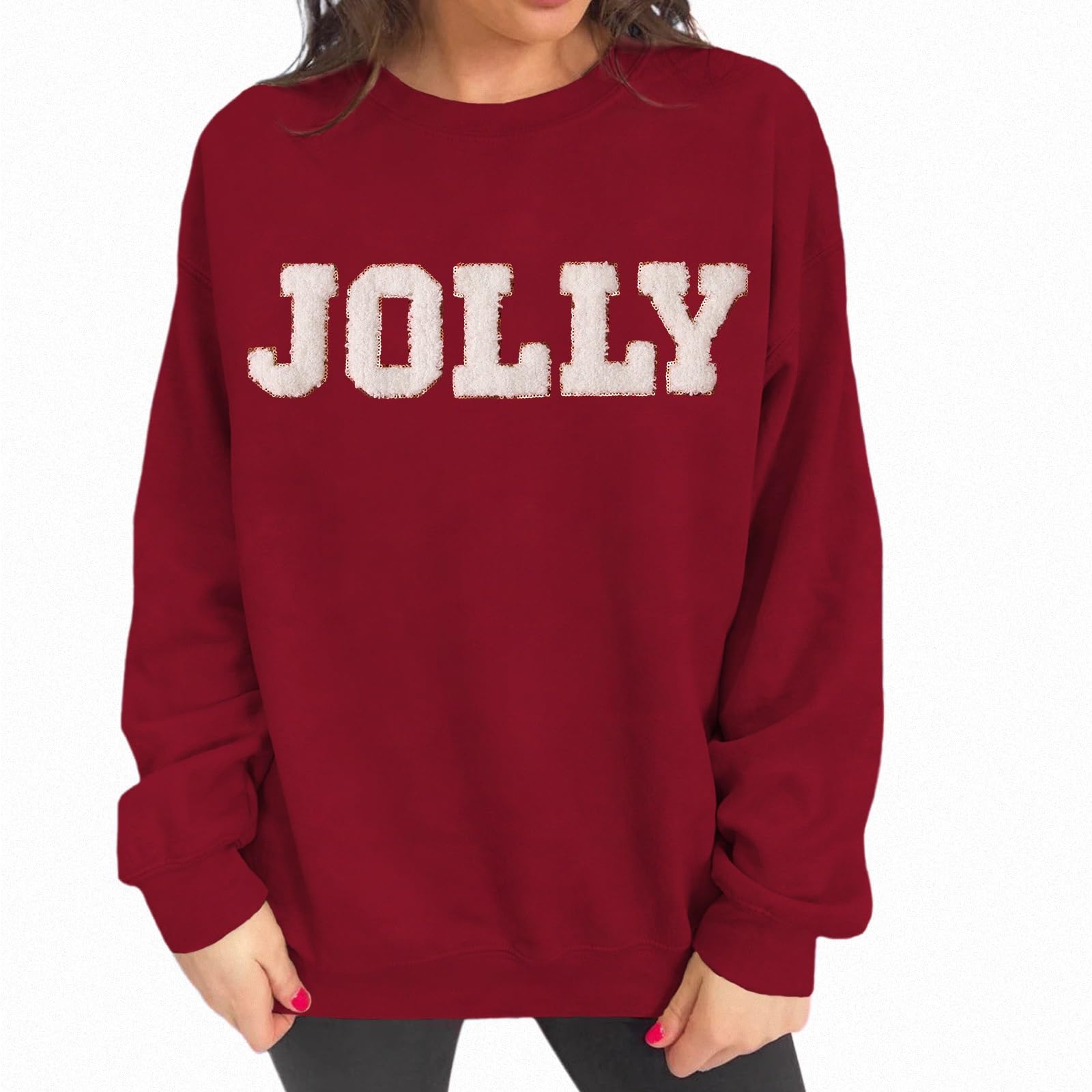 IZYJOY Christmas Women's Merry Graphic Sweatshirt Chenille Patch Letter Printed Crewneck Xmas Gifts Oversized Pullover Top