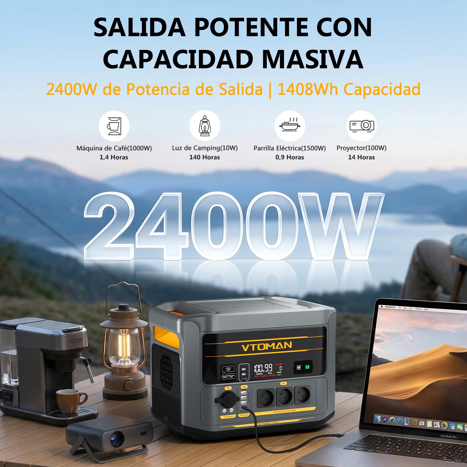 VTOMAN FlashSpeed 2400 Estación de Energía Portátil con 400W Panel Solar | 1408Wh Generador Solar, 3 CA de 2400W, Cable de Arranque, Carga Rápida 0-100% en 1 H, Acampada, RV, Apagones, Embacaraciones