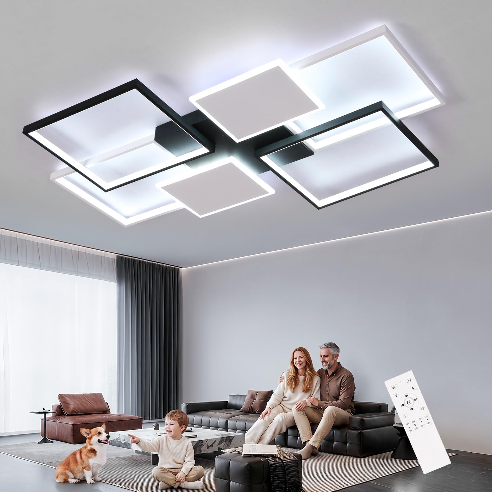 LED Deckenleuchte Dimmbar, 72W 8100LM Deckenlampe mit Fernbedienung 3000-6500K, Moderne Deckenbeleuchtung Quadratisch Design für Schlafzimmer Wohnzimmer Esszimmer (Weiß+Schwarz, 110CM)