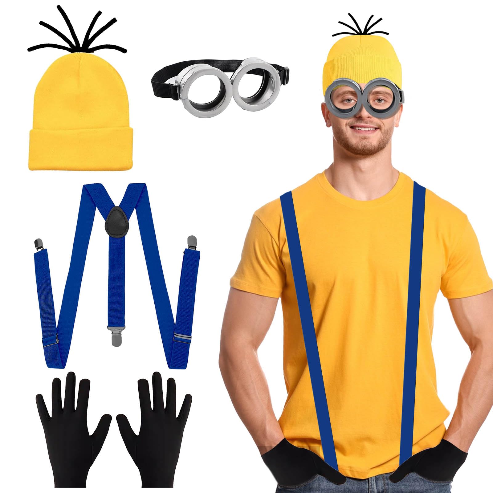 4 Pcs Adults Cosplay Costume Accessories with Yellow Beanie Knit Hat Black Gloves Grey Steampunk Goggles Glasses Blue Shoulder Strap for Halloween Cosplay Party World Book Day Dress up Outfits