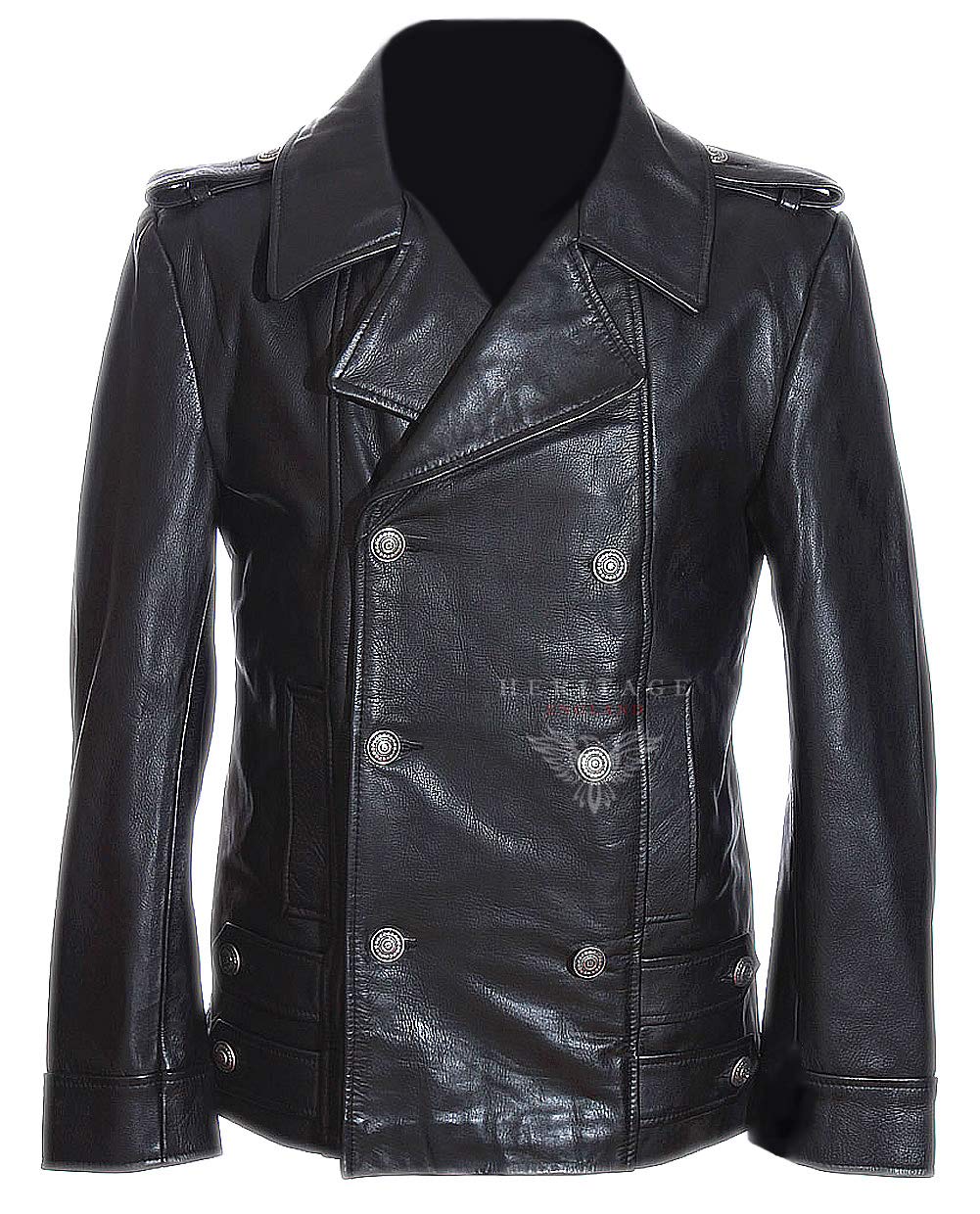 H.e Men's Black German Naval Military Style Ww2 Cowhide Leather Winter Jacket Pea Coat (Sizes: Xs To 5XL Available) (Xxl)