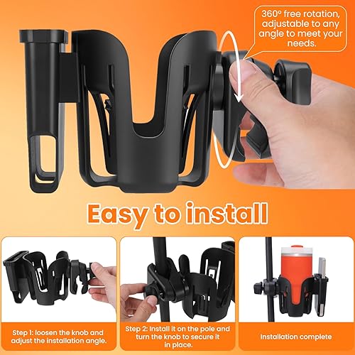 Miniatura 6 de Portavasos para silla de ruedas, 2 en 1 con soporte para teléfono, soporte ajustable para bebidas para silla de ruedas, andador, cochecito, rodillo,