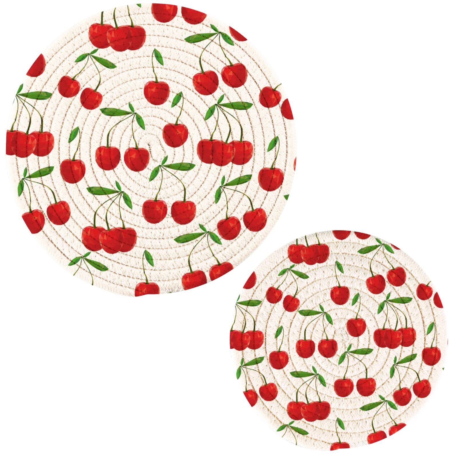 Naanle 2 Pack Cute Fresh Red Cherry Pattern Round Cotton Woven Pot Holders Trivets Set, Heat Resistant Pad Mat for Kitchen Decor Cooking Supplies
