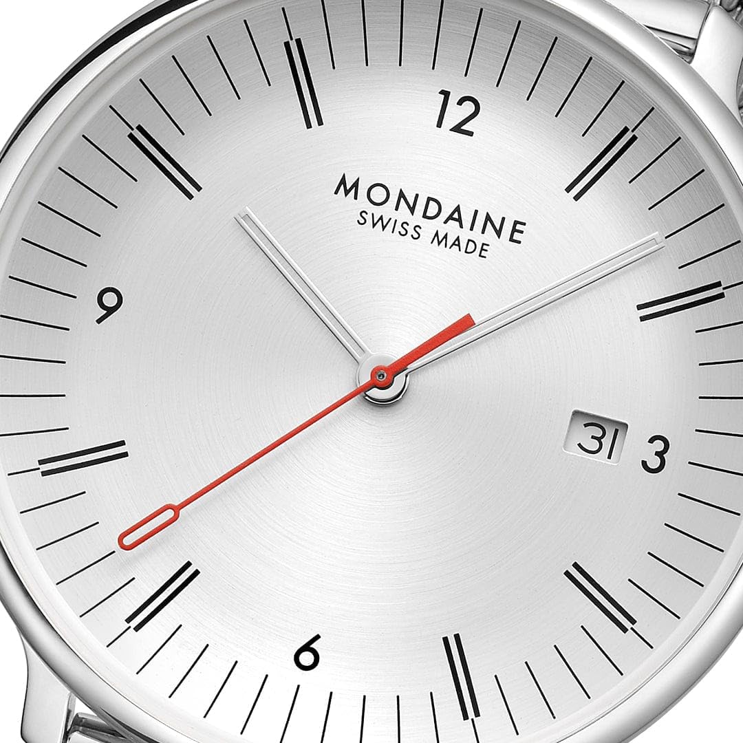 Mondaine Doppio zegarek męski 41 mm, szwajcarski mechanizm kwarcowy, szkło szafirowe, stal nierdzewna, wodoszczelny 5 ATM, zrównoważony – elegancja i tradycja, dwoistość w designie