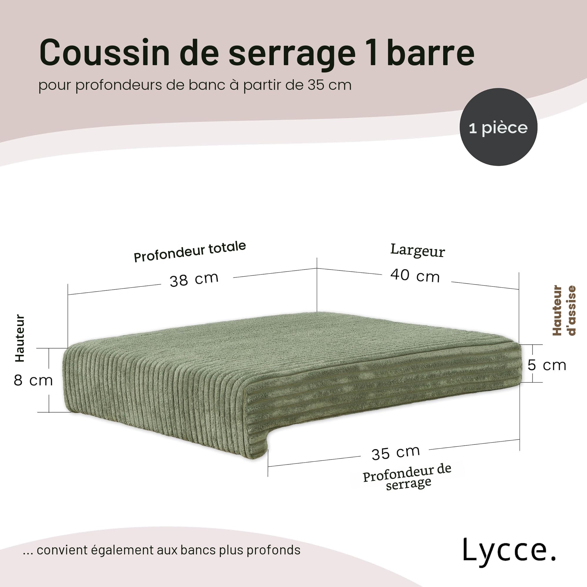 Lycce Coussin de banc à pince, 1 barre en tissu côtelé, rembourrage supplémentaire, profondeur du banc à partir de 35 cm (sauge)