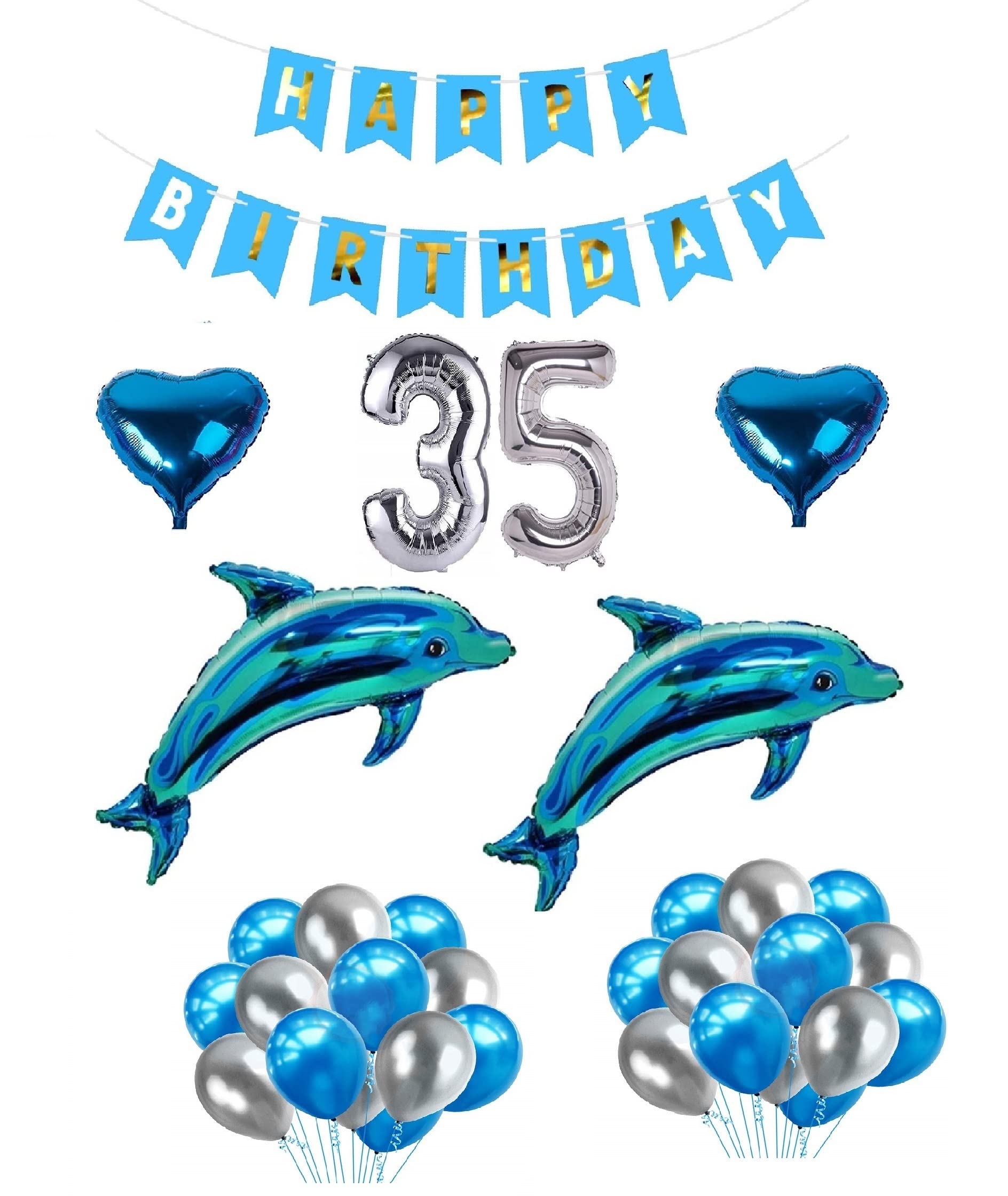 DEEPTI DECOR 2 Dolphin/Fish/Shark Foil With 30 Blue Silver Balloons,Silver Happy Birthday Banner, 2 Heart,Silver Number Foil Balloons Best For Aqua Theme,Under Water Theme Party (Pack Of 49) (35 Years)