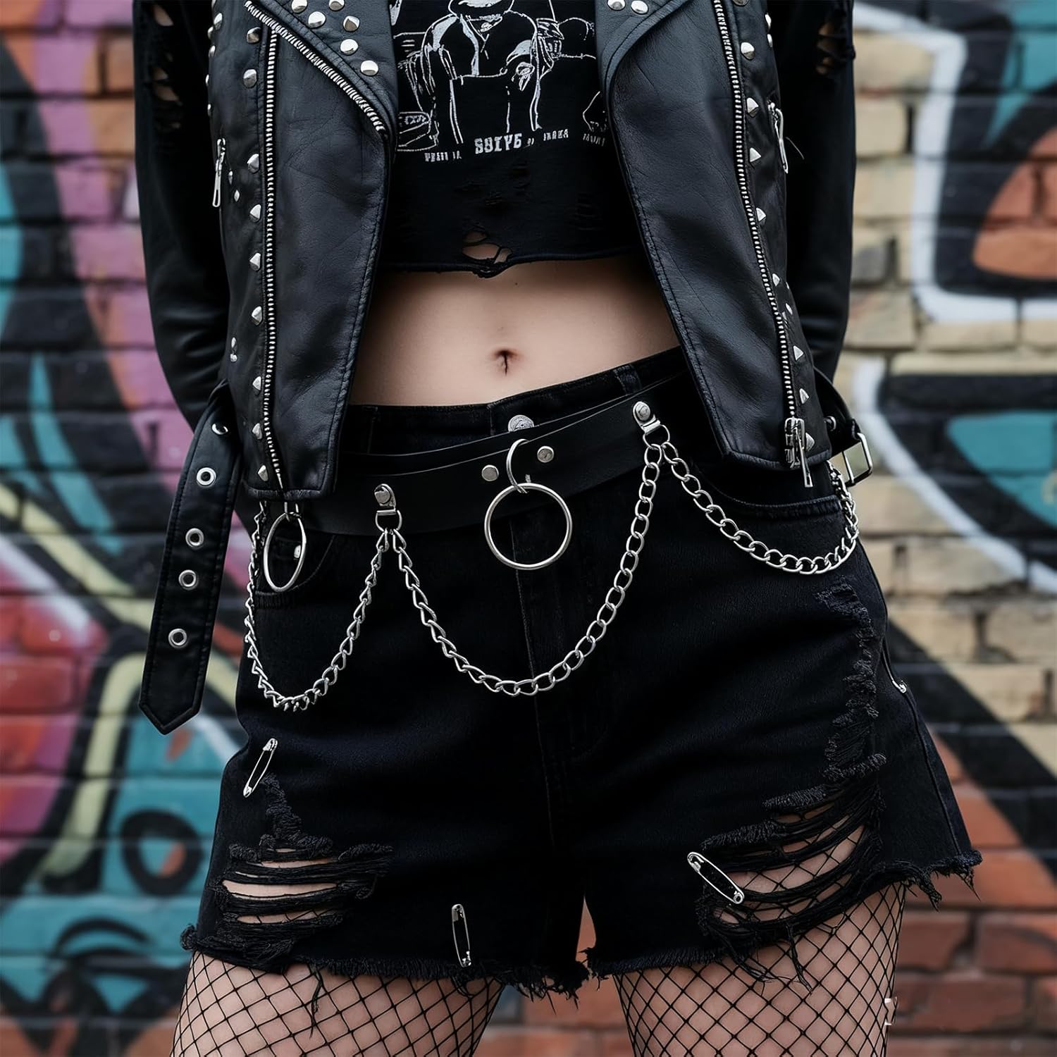 Punk Waist Chain Belt, Punk Belt with Chain for Women, Rave Leather Chains Belts, Gothic Body Accessories for Women (Black Leather + Silver Chains) - Image 2
