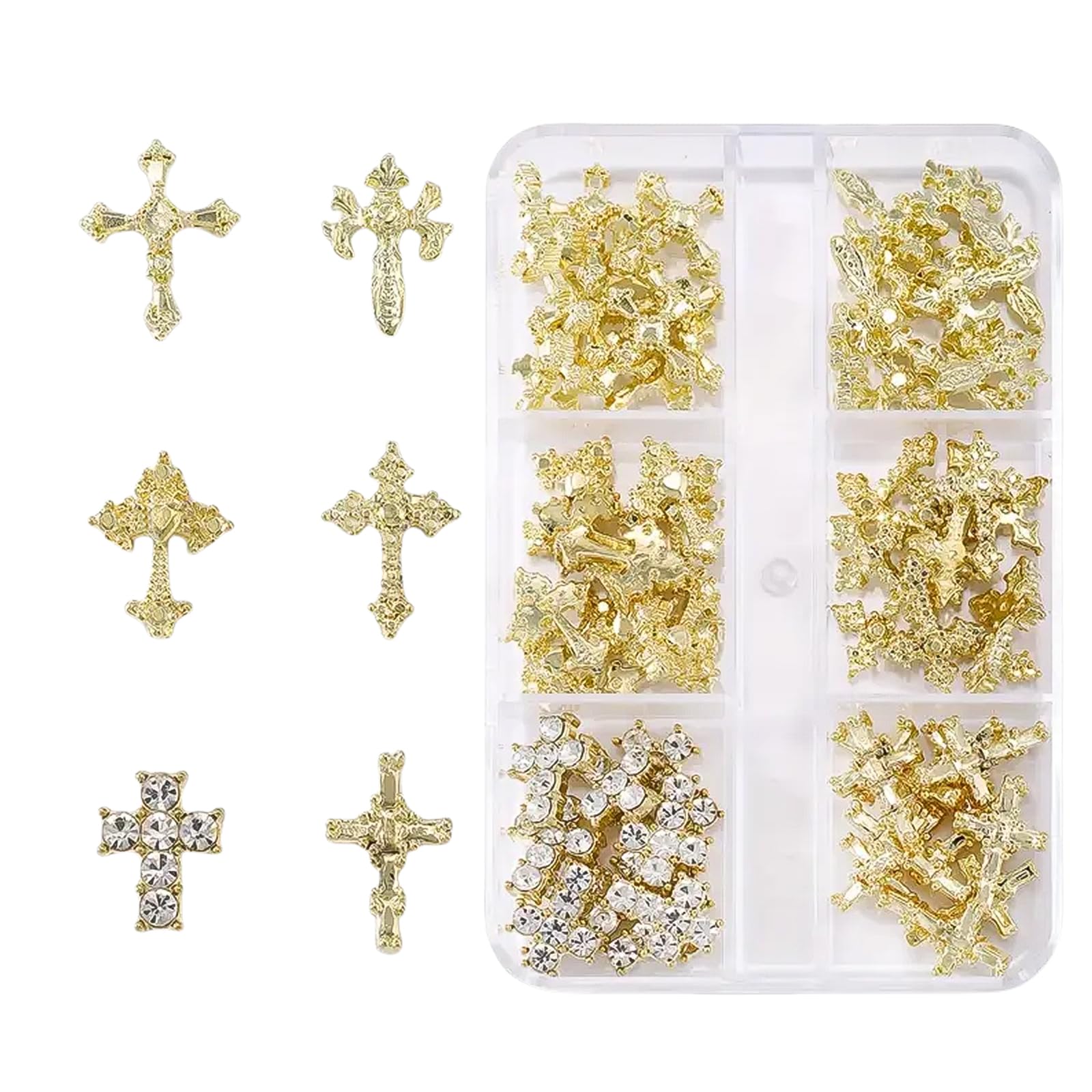 3D Cross Nail Charms for Nail Art, 60 Pcs Metal Crystal Cross Nail Decorations, Alloy Nail Studs and Rhinestones for Women Girl DIY Jewelry Crafts Supplies (Gold)-image-19