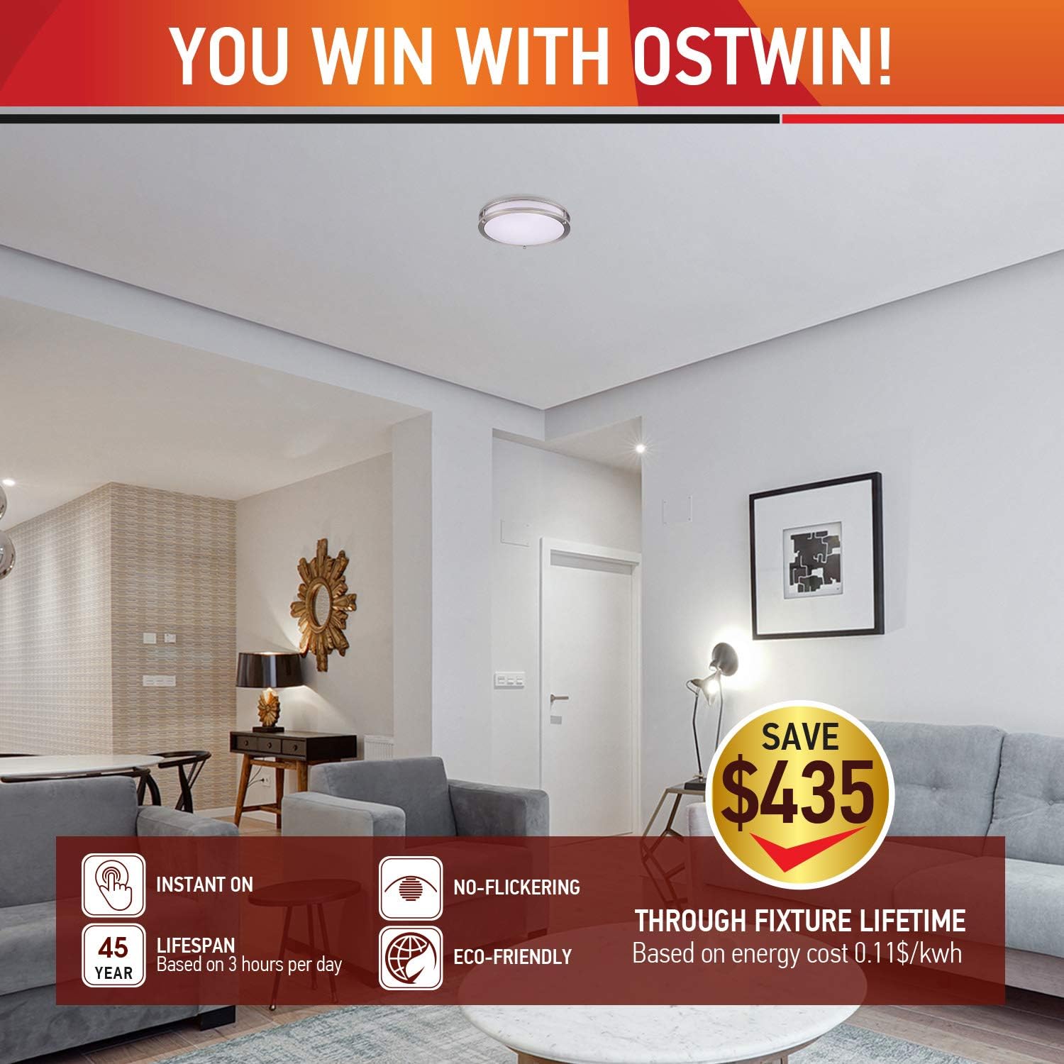 OSTWIN 14 Inch LED Flush Mount Ceiling Light, 21W (170W Equivalent), 1470 Lm, Dimmable Close to Ceiling Light Fixture for Kitchen Hallway Laundry, Brushed Nickel, 3000K, Energy Star, ETL
