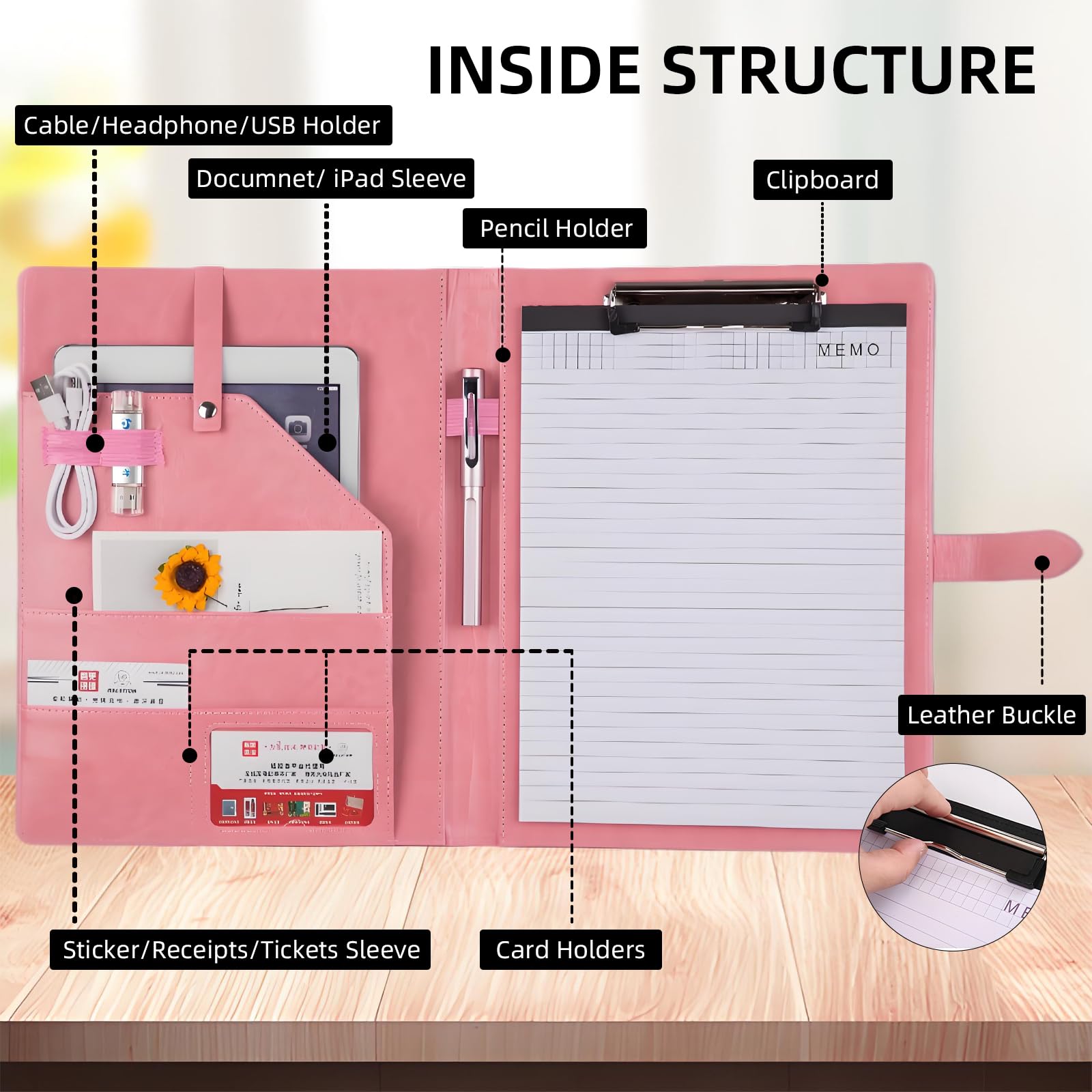 Porte-documents en cuir, organiseur de documents juridiques pour entretiens, porte-bloc, porte-cartes, 2 blocs d'écriture au format lettre inclus (rose)