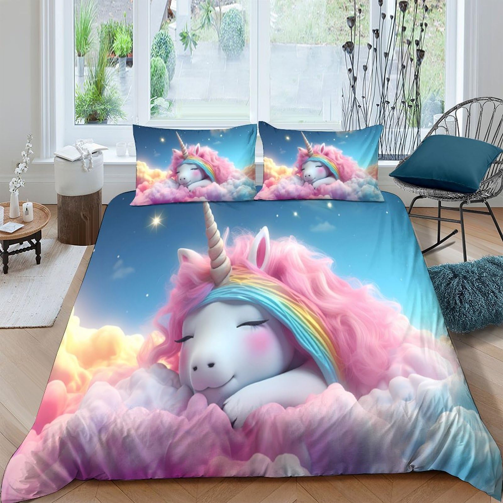 Ctjqhvkz Style-2 3D Printed Dreamy Unicorn Fitted Sheet Microfiber Soft Pink Clouds Mattress Cover Bedroom Decor Easy Care Single（135X200cm）