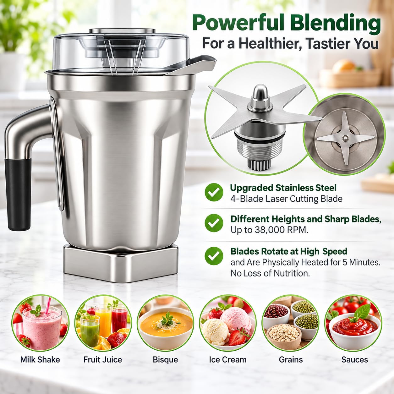 Bote mezclador de acero inoxidable de 64 onzas compatible con Vitamix 5200