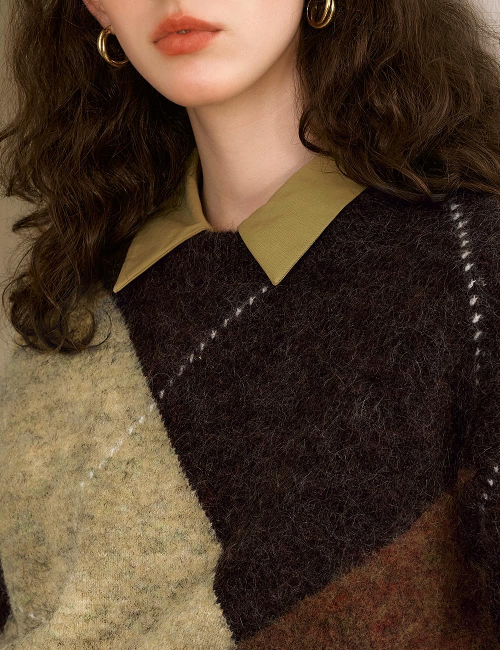 Women's Crop Knit Crew Neck Argyle Long Sleeve Sweaters Fall Winter Y2k Loose Casual Cute Pullove - Image 4