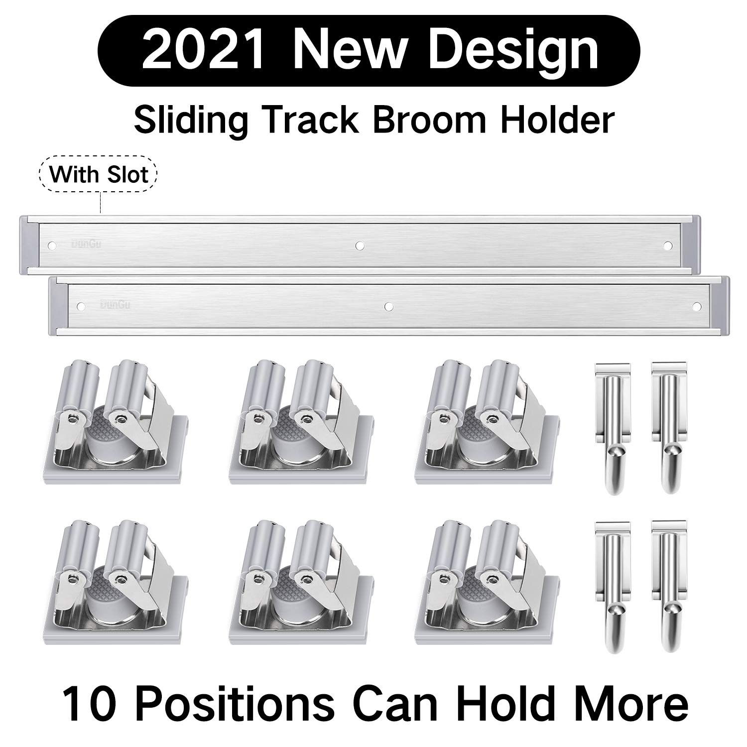 Besen- und Mopphalter, Wandmontage, 43,2 cm, robust, 2 Packungen Gleitschienen, 2 Haken, 3 Clips, hält bis zu 10 Werkzeuge, Metallkammer, Organisation und Aufbewahrung, Gartenwerkzeug