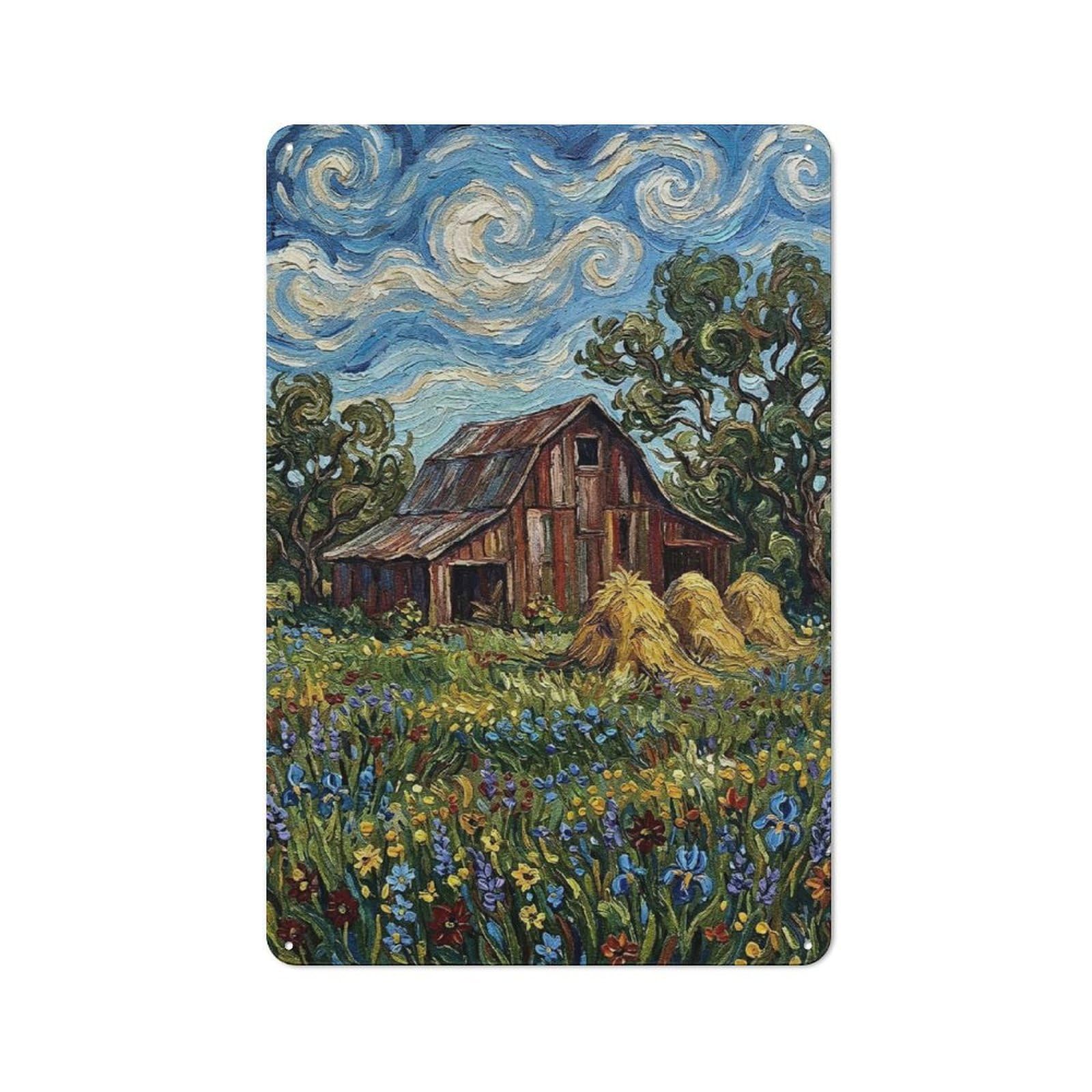 Junmoney Style-8 30X20cm Rustic Metal Wall Sign With Impressionistic Barn In A Wildflower Field For Living Room Wall, Metal Sign Decor For Living Rooms And Feature Walls