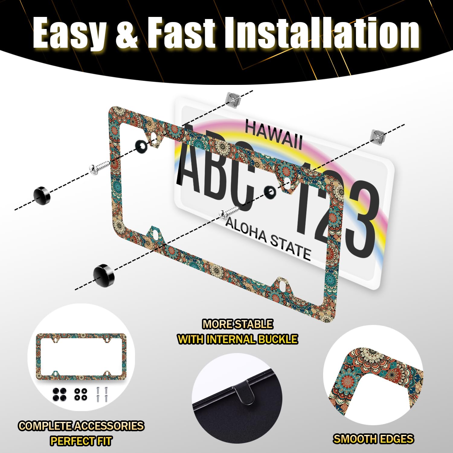 Vintage Mandala Flowers License Plate Frame Boho Floral License Plate Holder Funny License Plate for Car Decoration Stainless — view 5