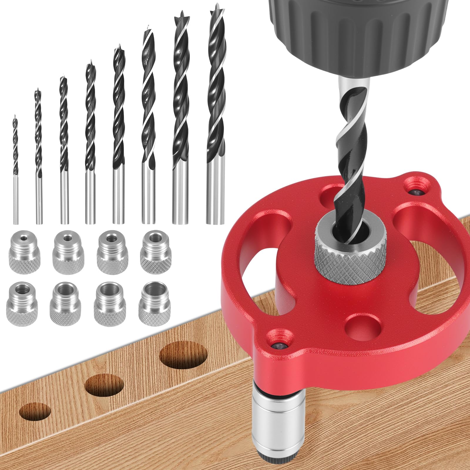 Woodworking Center Finder Kit, Aluminium Alloy Drill Guide Locator with 3/4/5/6/7/8/9/10mm Drill Bushings and Three Point Drills Bit, Carpentry Drilling Guides Set for Vertical Hole Drilling