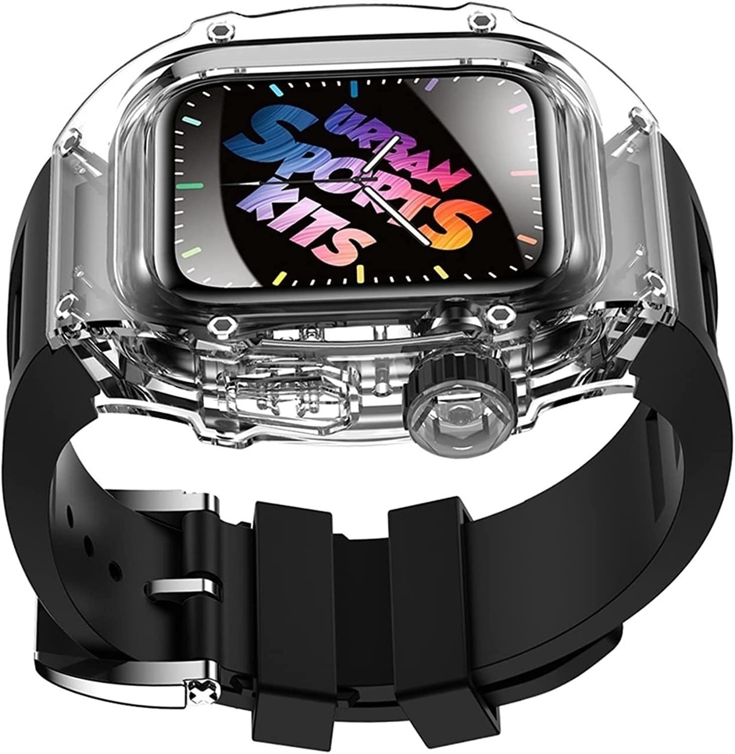 Correa de reloj de silicona y funda transparente de protección completa, para Apple Watch Series de 45 mm, 44 mm, funda rígida de policarbonato y correa de reloj deportiva, repuesto para iWatch