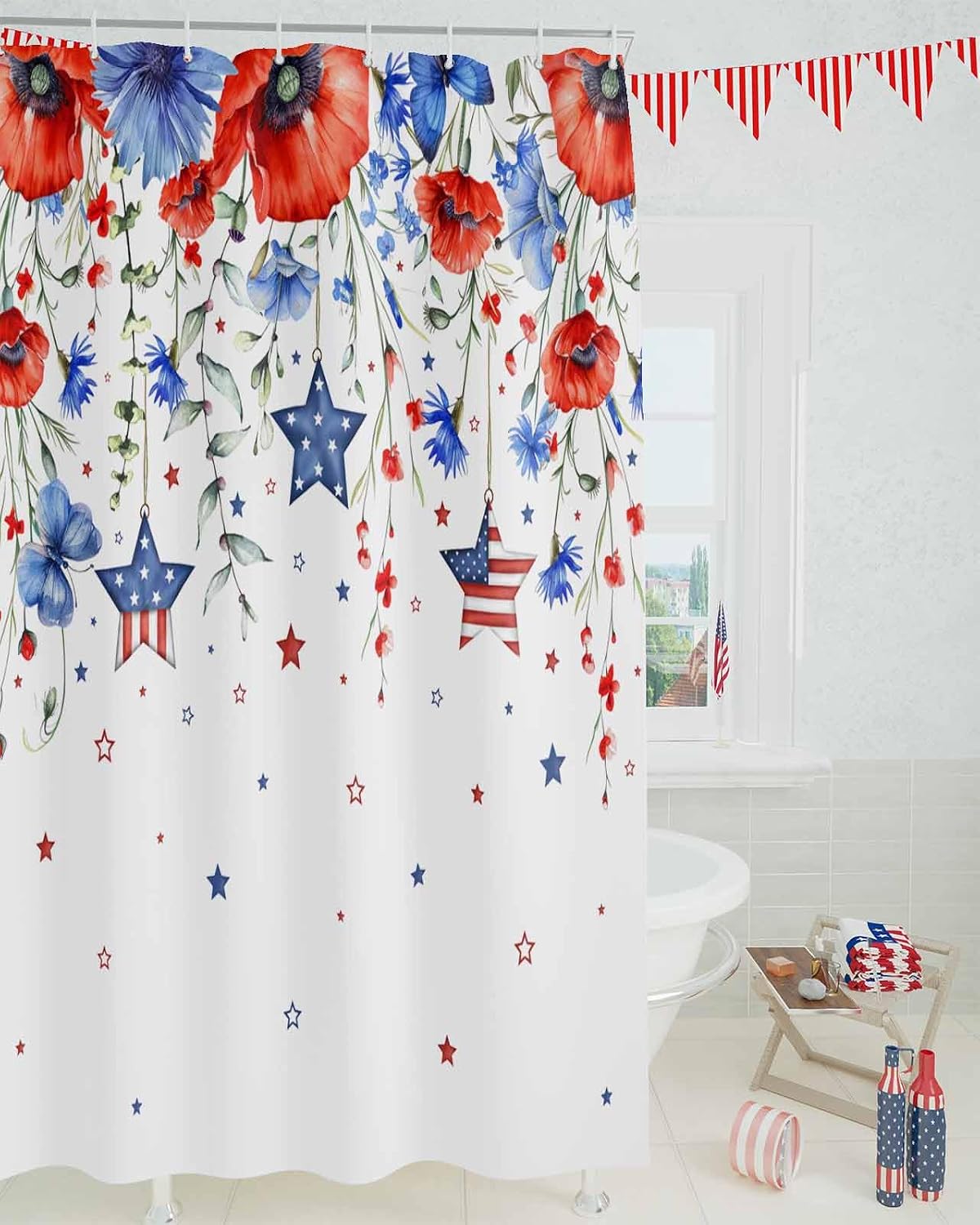 4th of July Floral Shower Curtain for Bathroom, Patriotic Poppy Flower Star Funny Shower Curtains Set with Hooks, Independence Day Memorial Day Decorations Bath Curtains Bathroom Decor 72x72 inch