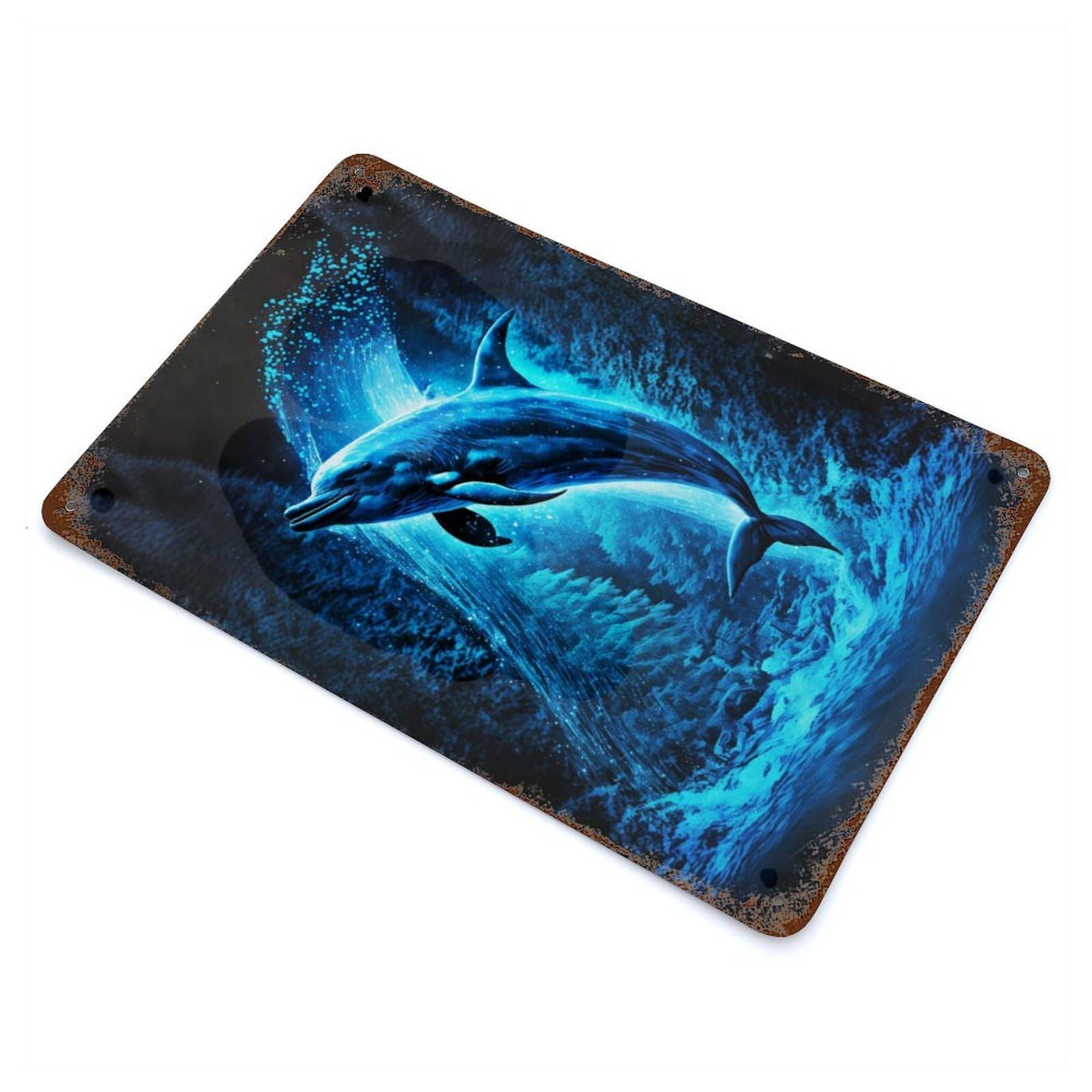 Blue Dolphins Vintage Wall Sign 11.8"x7.9", Rust Effect Metal Decor for Farmhouse, Kitchen And Entryway Decor
