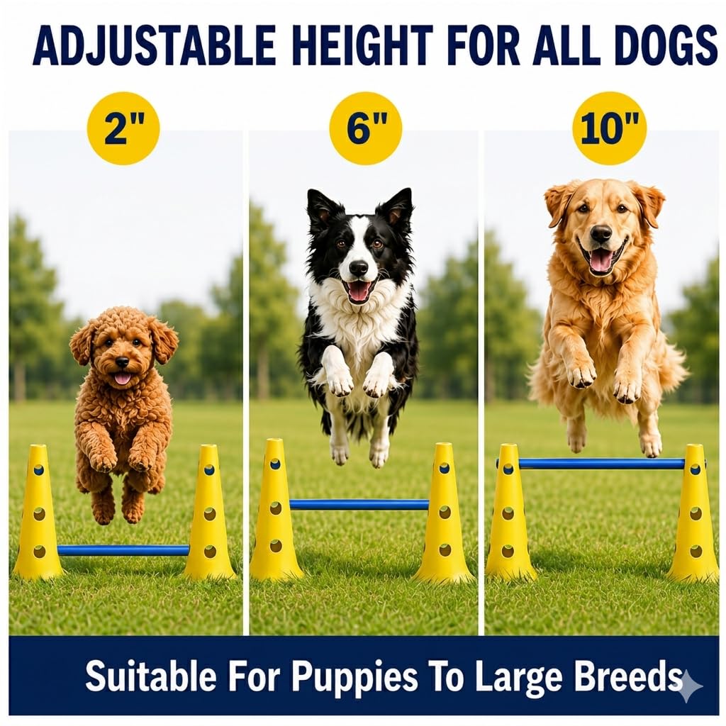 Agility Set Hunde mit 6 Hürden, Cavaletti Hund Trainingsset, 12 Verstellbare Stangen & 12 Pylonen mit Tragetasche, Hunde Agility Zubehör für Hundetraining, Hundesport, Hobby Horse & Kinder Parcours