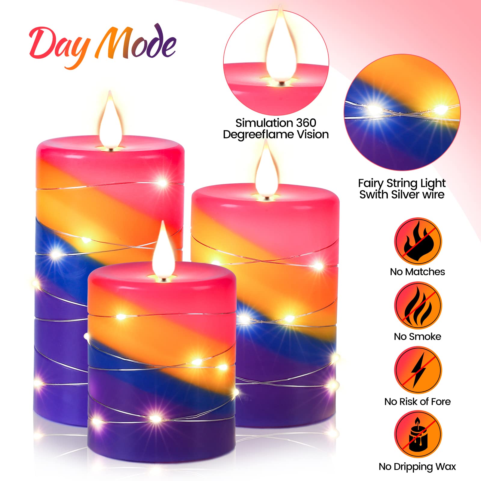 Candele a LED, candele a corda di luce arcobaleno, candele a batteria, con luci di stringa incorporate Candele senza fiamma in 3 pezzi, funzione timer 24 ore.