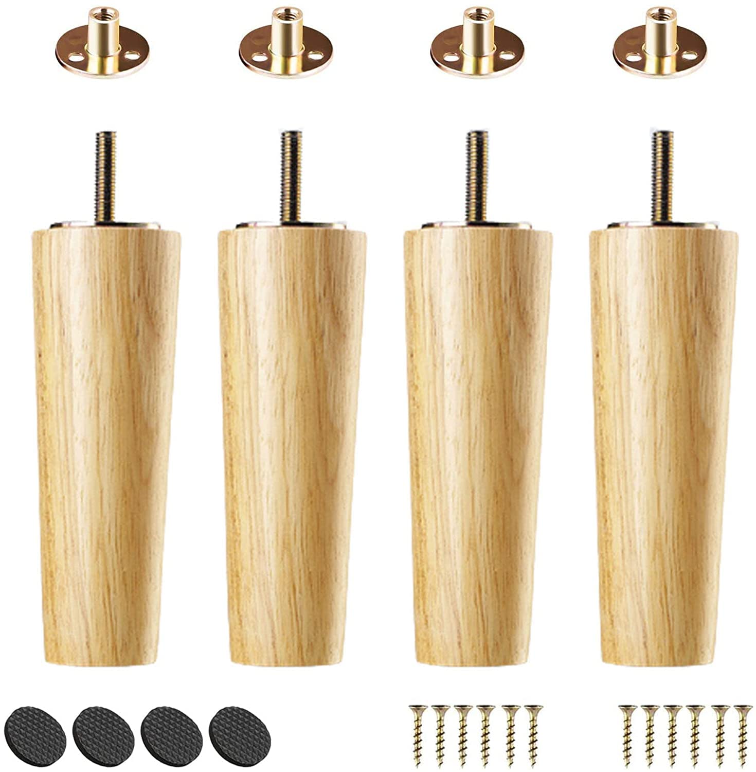 Set di 4 Piedini per mobili in Legno, Gambe per tavoli, Piedini per divani, Gambe di Ricambio in Legno massello coniche per Letto, Divano, Sedia Pouf, con bulloni M8, Pia