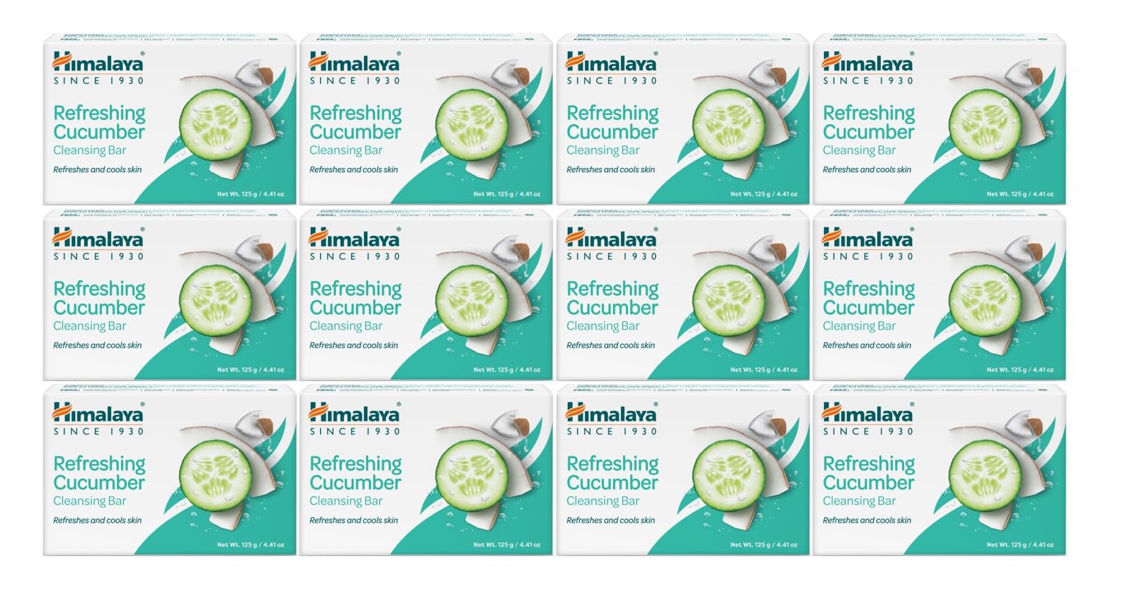 Himalaya Refreshing Cucumber Cleansing Bar, Face and Body Soap for Soft Skin, 4.41 oz, 12 Pack