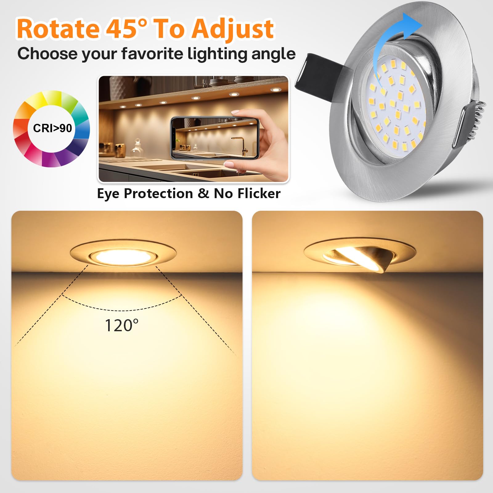 GeyouLux LED Einbaustrahler 230V Dimmbar, 6W IP44 Deckenspots, Einbauleuchten 65-75mm EinbauØ, 45° Schwenkbar 3000K/4000K/6500K Flach Einbauspots, 3CCT Spots für Badezimmer Wohnzimmer 6er Set Nickel