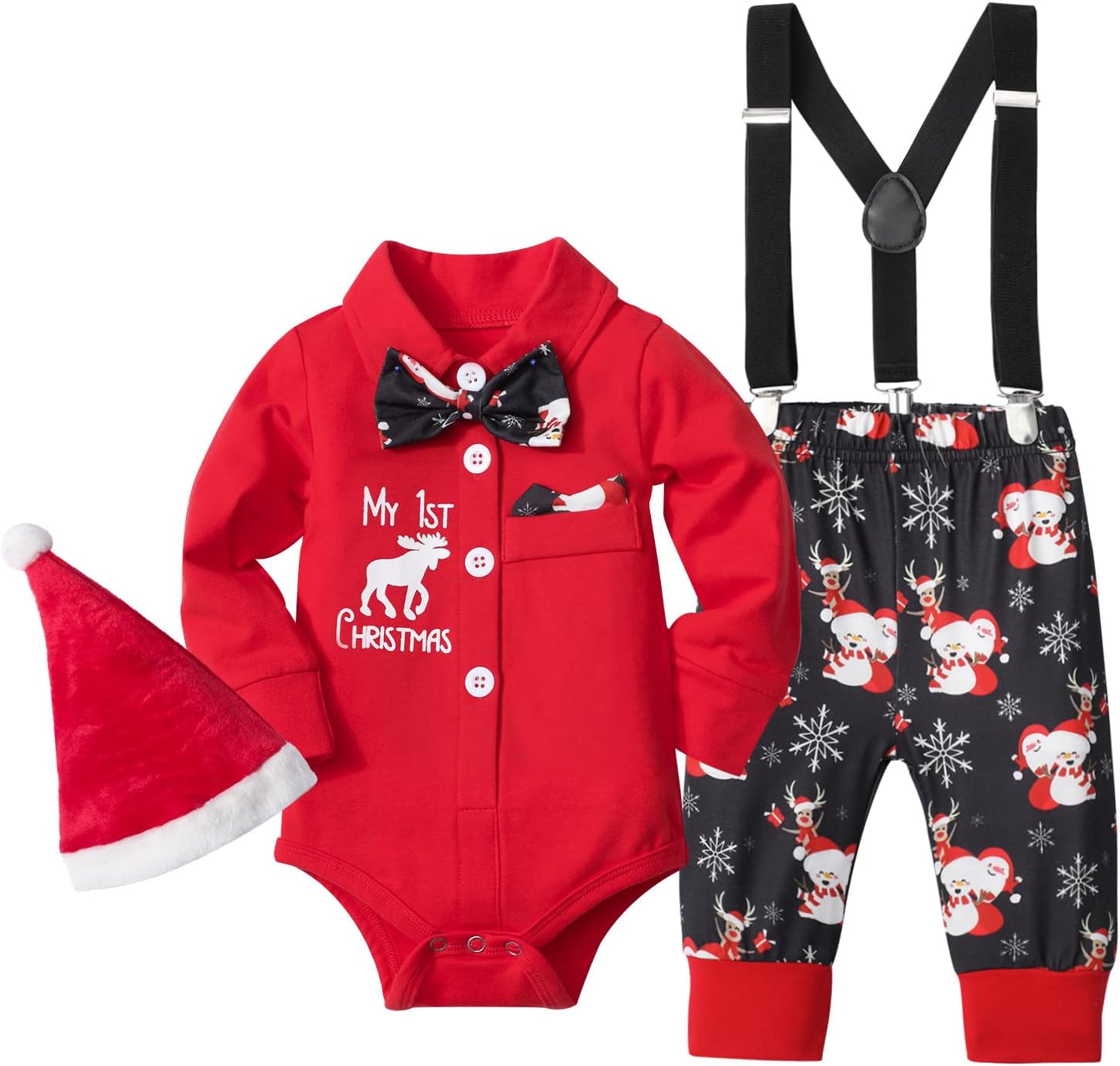 AGAPENGBaby Boy Christmas Outfit My First Christmas Infant Gentleman Romper with Bow Tie Suspender Pants Hat 3PCS Clothes Set