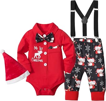 AGAPENG Baby Boy Christmas Outfit My First Christmas Infant Gentleman Romper with Bow Tie Suspender Pants Hat 3PCS Set