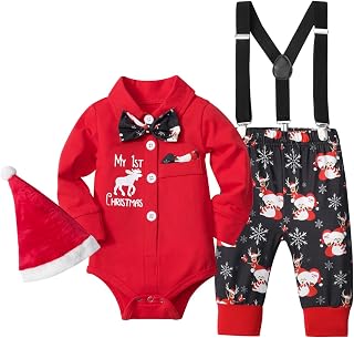Baby Boy Christmas Outfit My First Christmas Infant Gentleman Romper with Bow Tie Suspender Pants Hat 3PCS Set