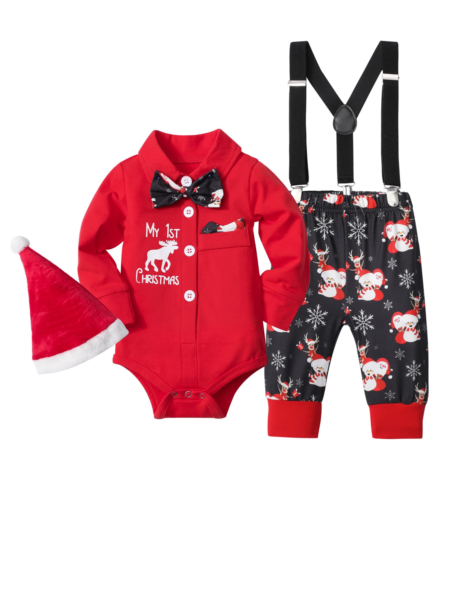 AGAPENGBaby Boy Christmas Outfit My First Christmas Infant Gentleman Romper with Bow Tie Suspender Pants Hat 3PCS Clothes Set