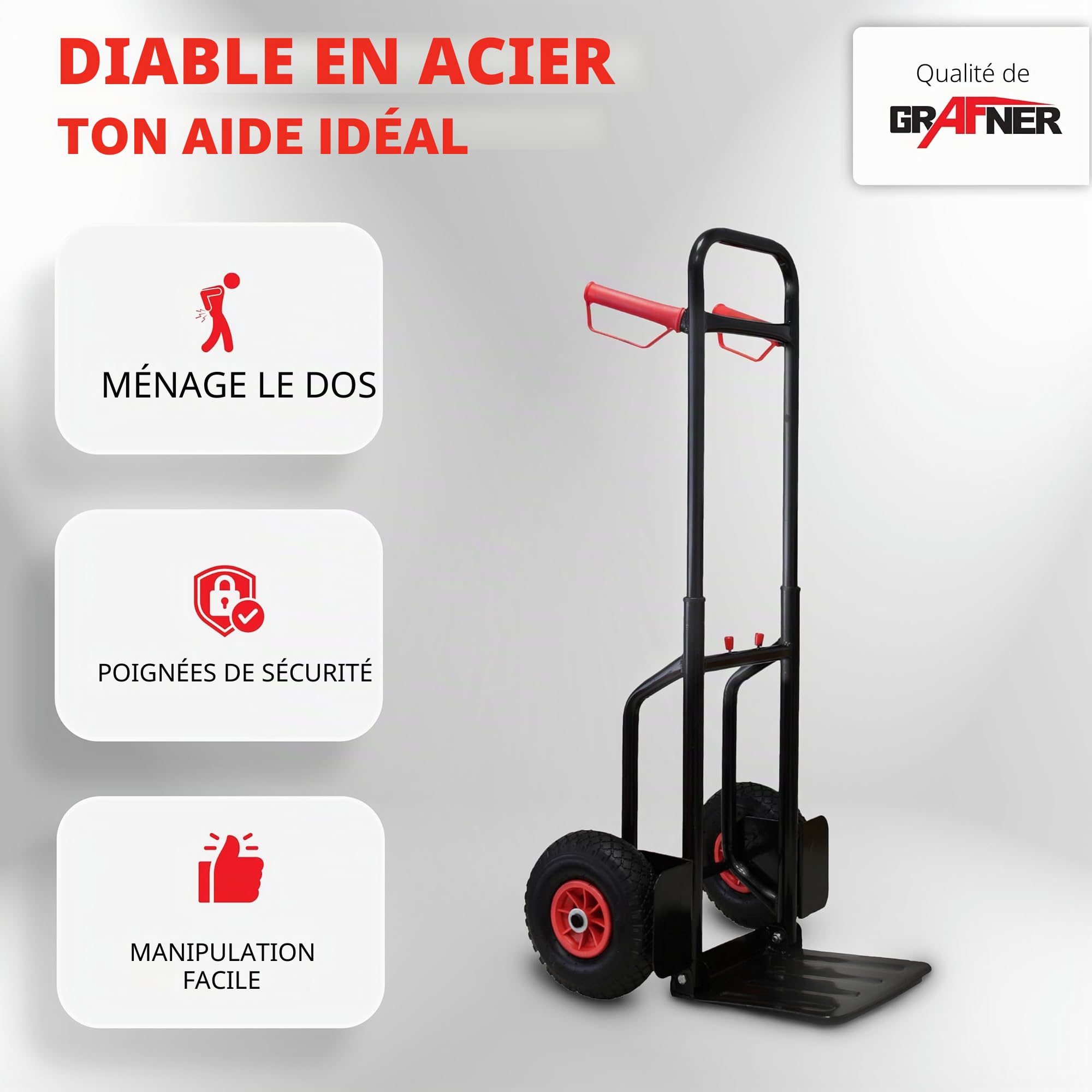 Grafner Diable pliable, pneus en caoutchouc plein, capacité de charge 200 kg, pneus en polyuréthane, poignées et garde-boue, diable de transport en acier, diable de transport, chariot de transport