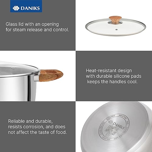 Miniatura 6 de Daniks Oslo - Juego de utensilios de cocina de inducción de acero inoxidable de 10 piezas, apto para lavavajillas, sartén, ollas con asas que se