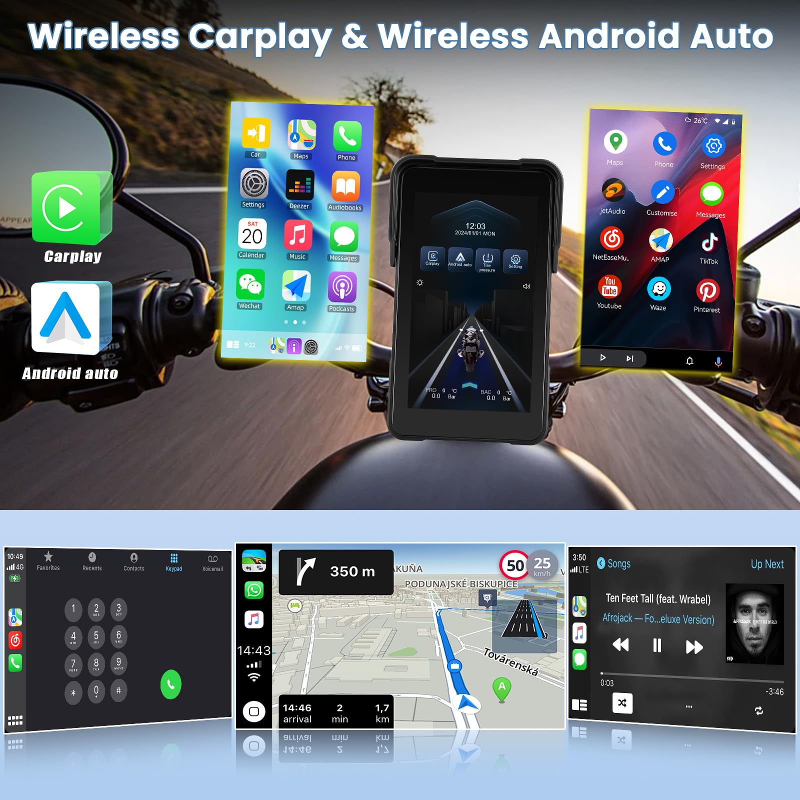 CAMECHO Moto Carplay Navi Écran avec sans Fil Carplay Android Auto IP68 Étanche Appareils de Navigation 5 Pouces Écran Tactile Bluetooth Affichage pour Motos 12V