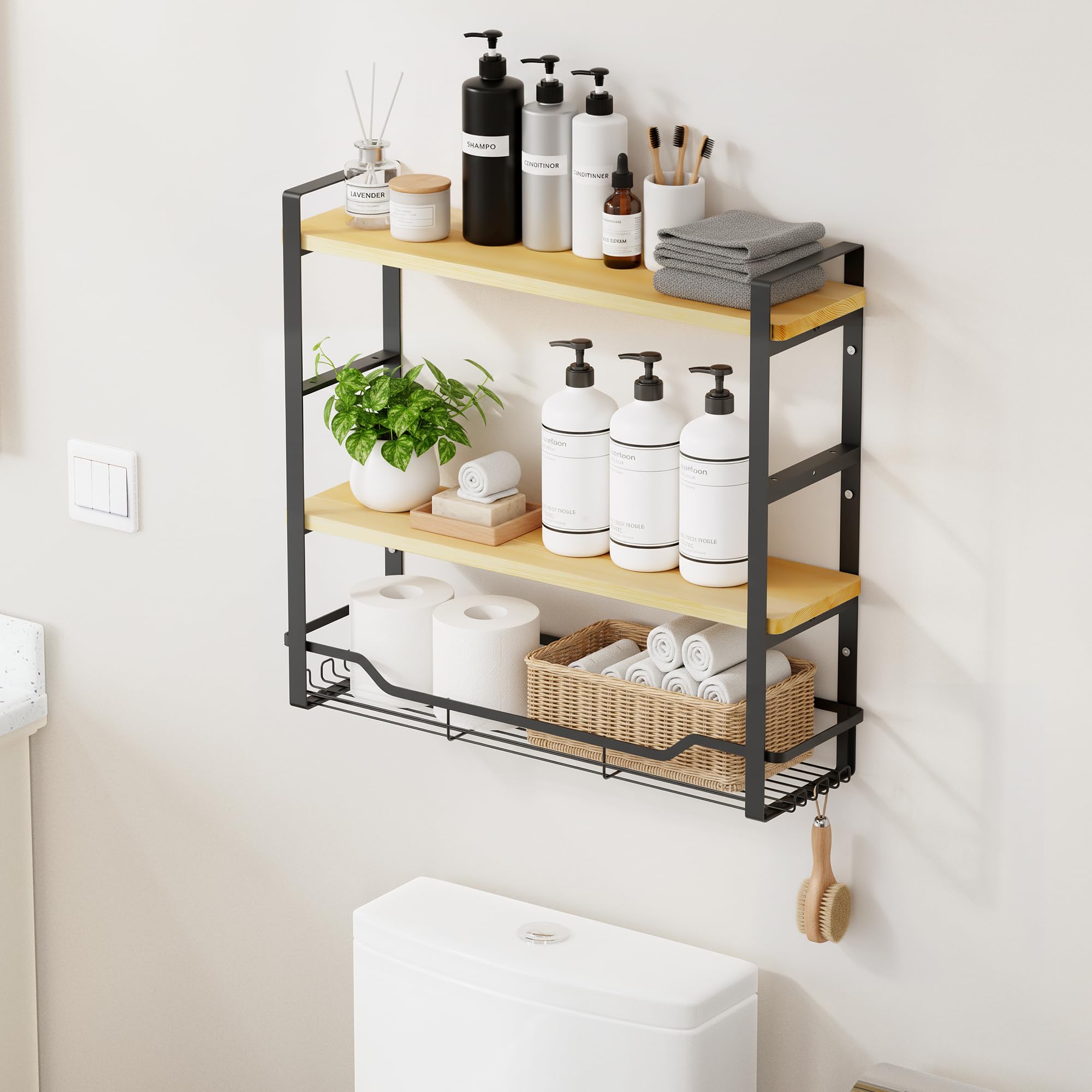 bathroom shelves over toilet storage - 3 tier large wall mounted shelves for bathroom - over toilet organizer - adjustable stand shelf rack for kitchen living room - black oak