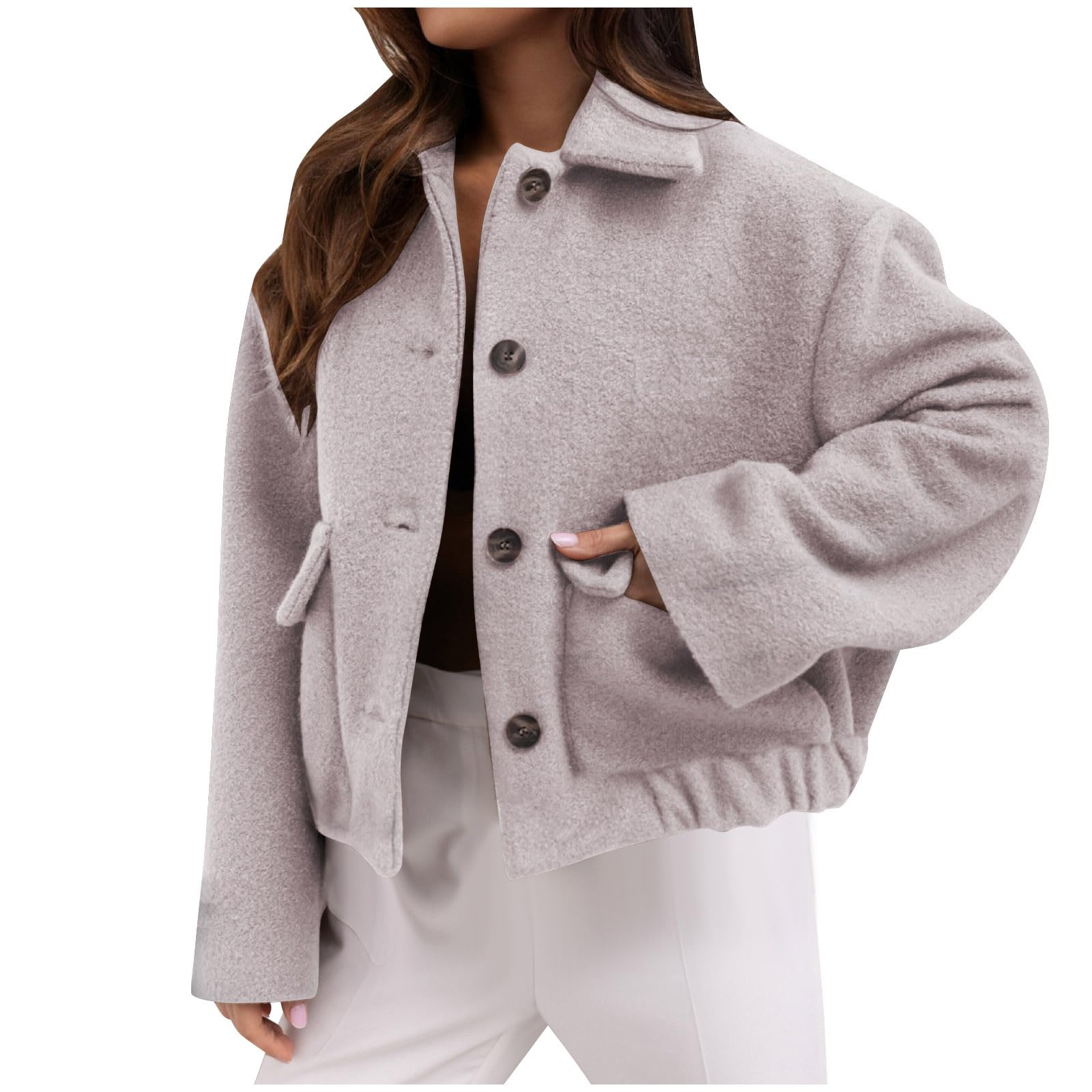 Cropped Trench Coat Women Casual Single Breasted Jacket Short Pea Coat Long Sleeve Wool Blend Jacket Fashion Outfits