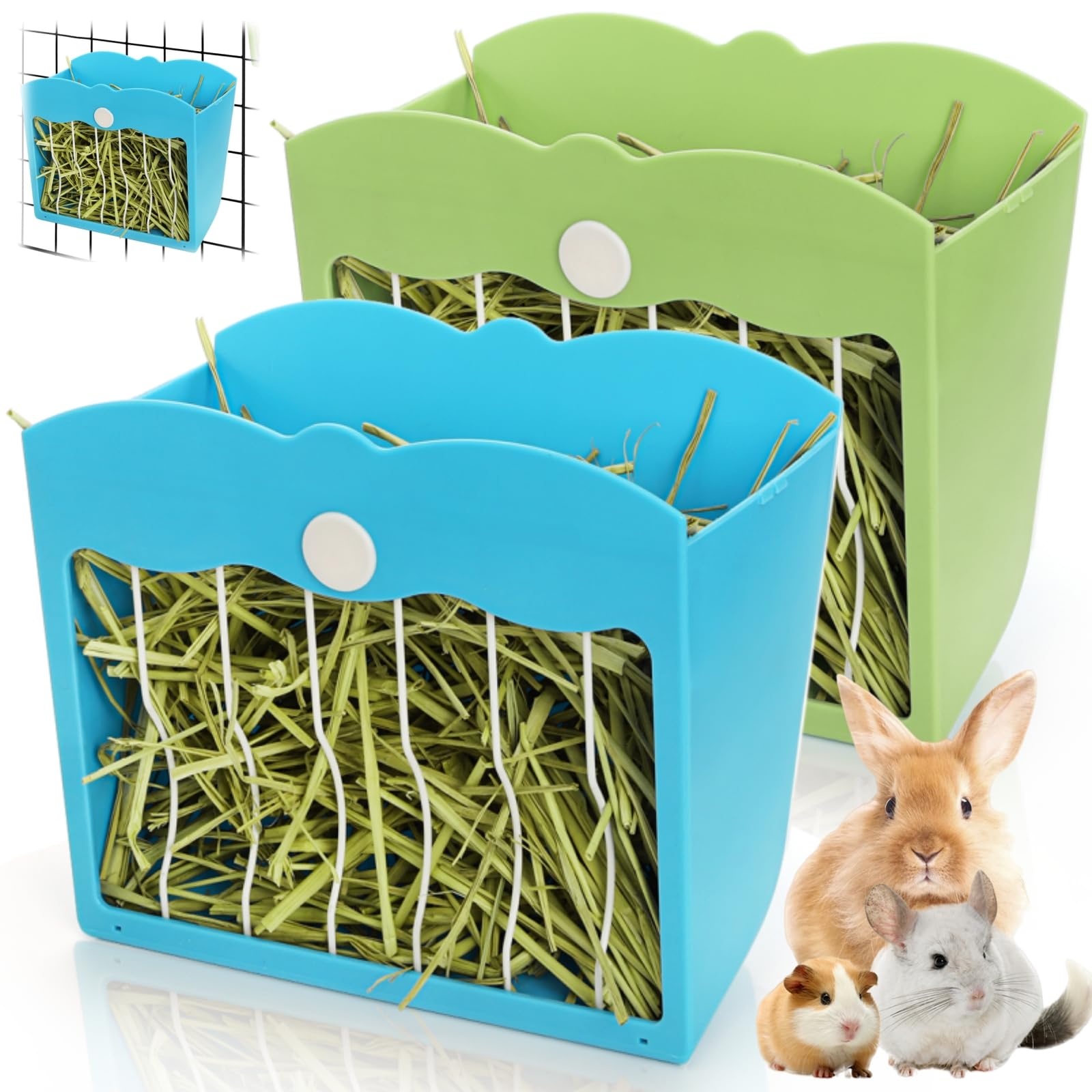 2 Packs Rabbit Hay Feeders, 120 OZ Bunny Grass Holder with Grate, Heavy -Duty Plastic Hanging Guinea Pig Feeding Rack with Adjustable Knob, Less Wasted Food Manager Dispenser for Small Animals