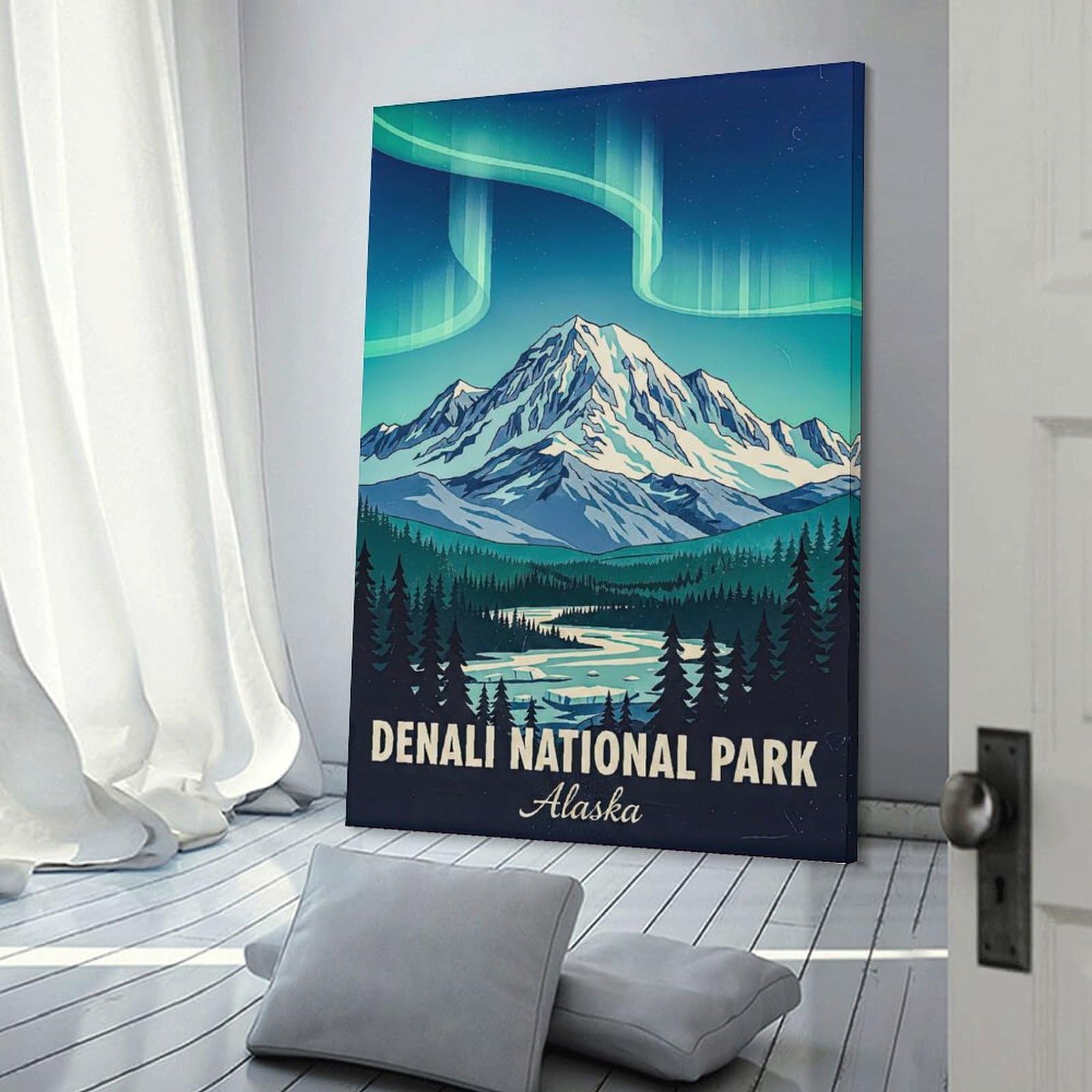 Junmoney Canvas Wall Picture Denali National Park Aurora Borealis, 24x36inch(60x90cm), for Calm Bedrooms, Home Corners Or Flats, Decorative Wall Art for Cosy Rooms