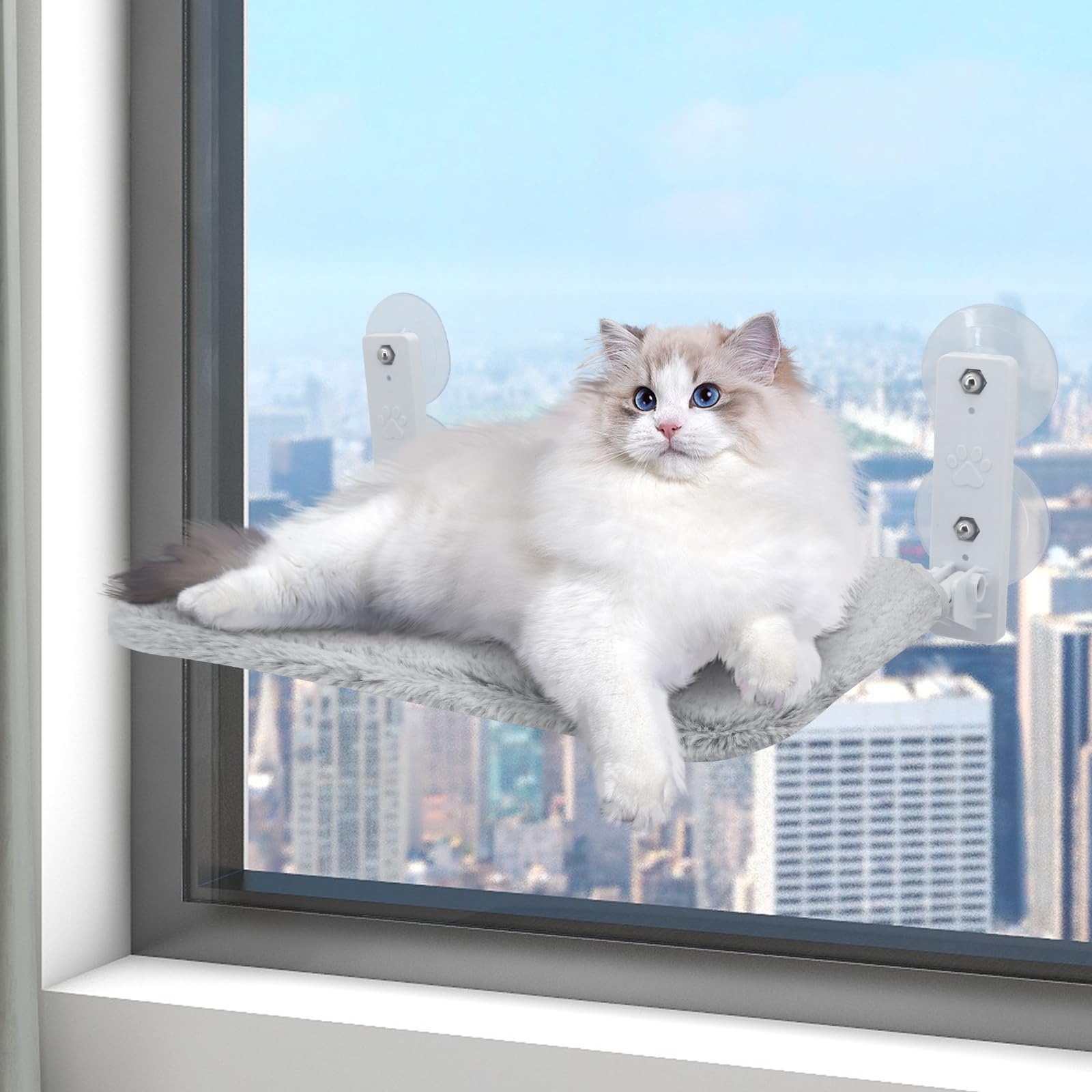 Percha para ventana de gato, hamaca inalámbrica plegable con 4 ventosas, marco sólido, malla transpirable, asiento de ventana para gatos, cama plegable para gatos, estante para gatos de interior (lana