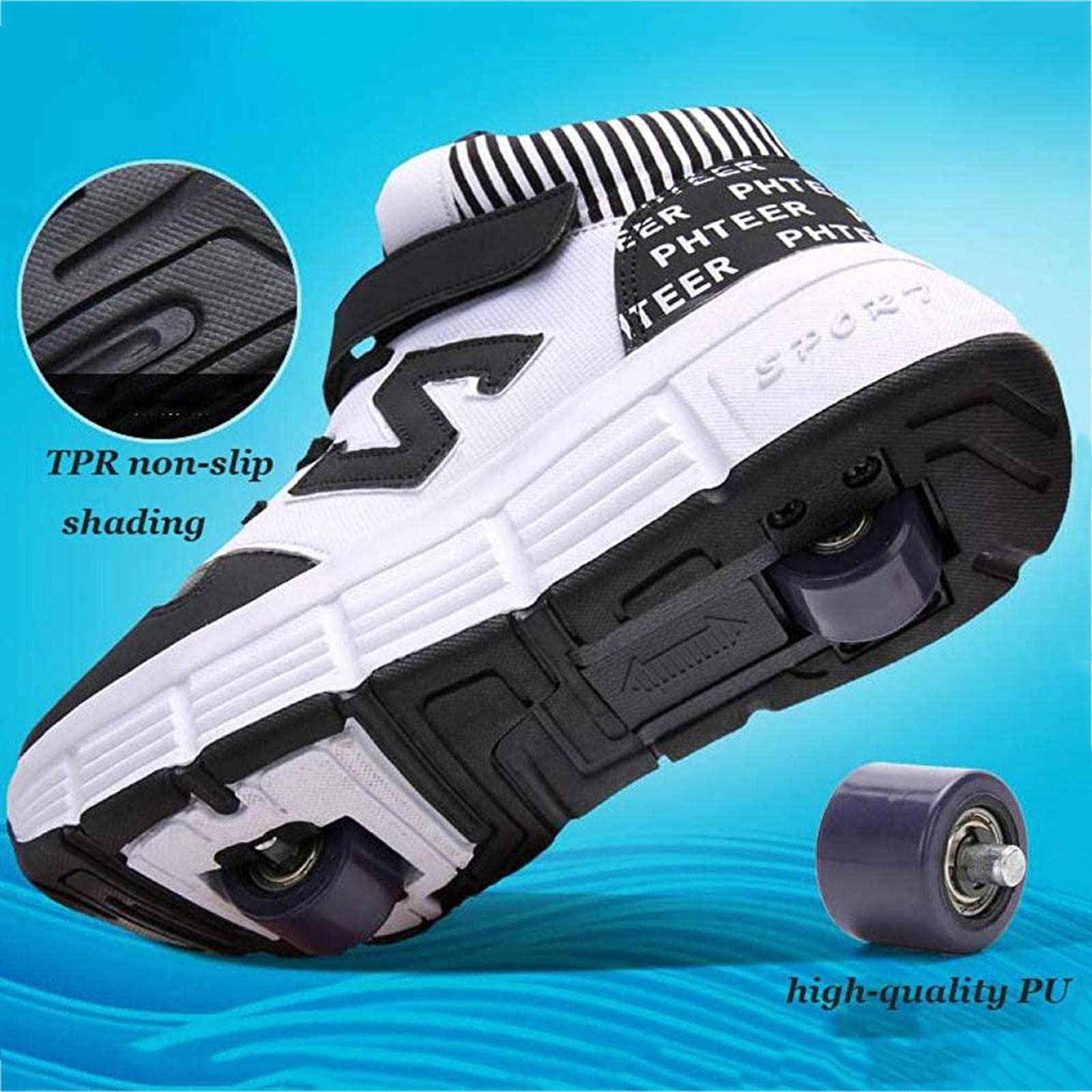 Chaussures À roulettes 2 Roues Skateboard Respirant Patins Retractable Basket a Roulette Enfants Technique, White-39