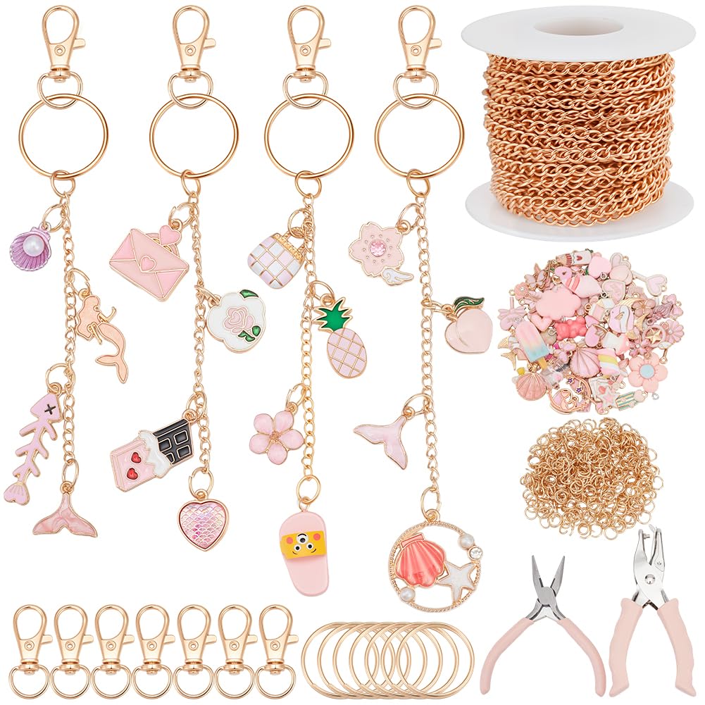 WEBEEDY 263 Pièces Kit de Création de Porte-Clés en Or Kit de Breloques pour Sac avec 100 breloques roses,20 Clips de Porte-Clés,5M de Chaîne de Prolongation, Pince à Bijoux pour la Création de Bijoux