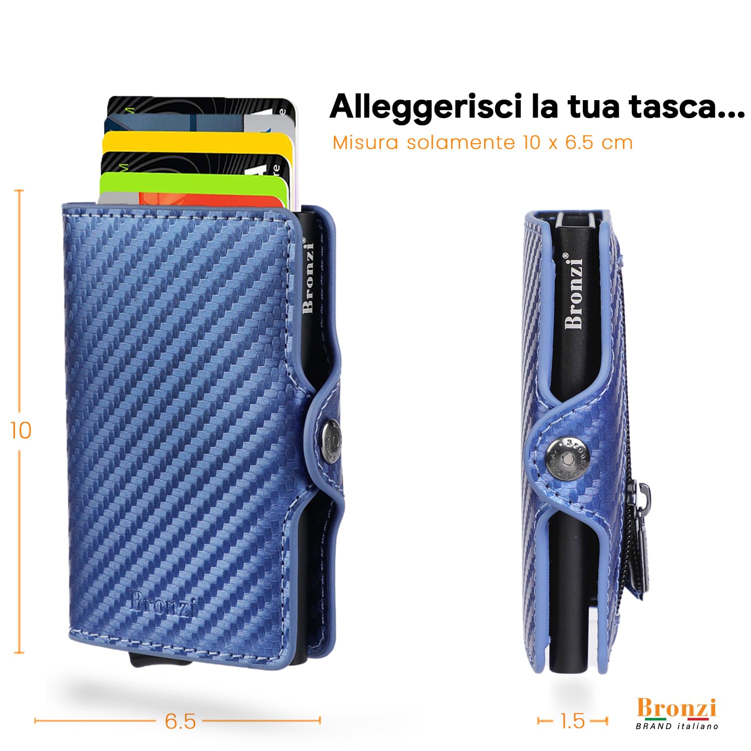 Bronzi Nuovo Portafoglio Porta Carte Credito - Portafoglio Uomo Donna Slim Portacarte - Mini Porta Tessere - Protezione RFID Portatessere Carbon - Design Smart Italiano (Blu)