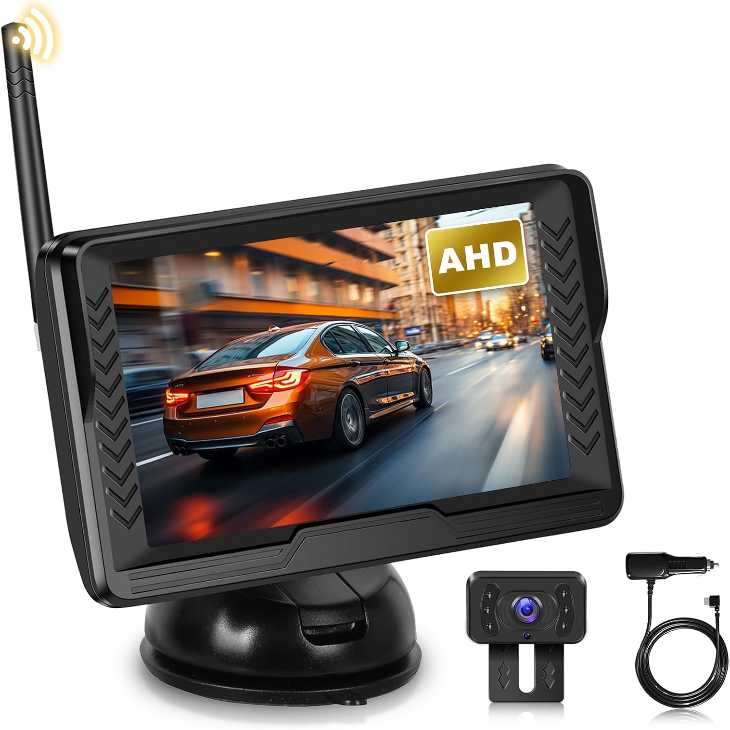 Hodozzy Cámara Marcha Atrás Digital Inalámbrica con Monitor IPS de 5 Pulgadas y Cámara AHD, Cámara Visión Trasera Inalámbrica de Visión Nocturna Impermeable IP69 Cámara Trasera 12V para Coche