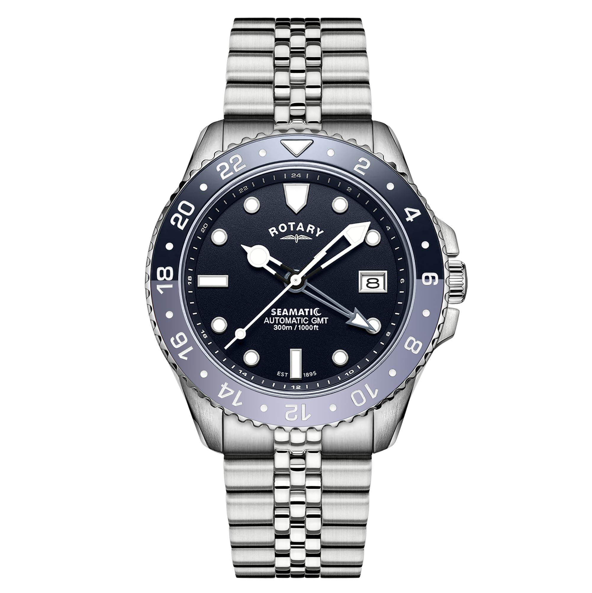 Rotary Seamatic GMT Herren-Armbanduhr, wasserdicht, blaues Zifferblatt, Edelstahl-Armband, 300 m