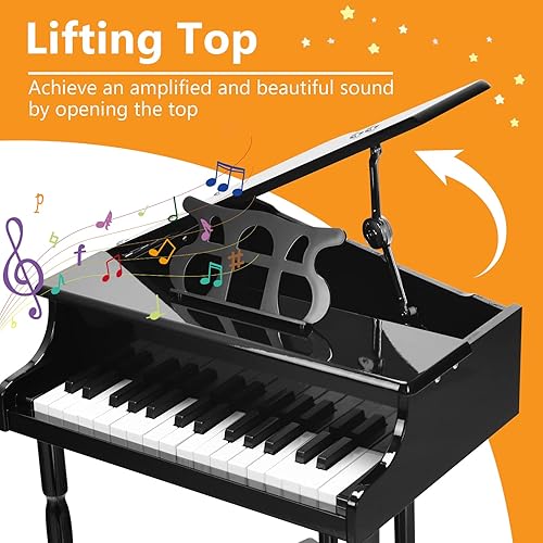 Miniatura 2 de HONEY JOY Piano clásico para niños, mini piano de cola de 30 teclas con soporte de música y banco, juguete de instrumento musical de madera con tapa