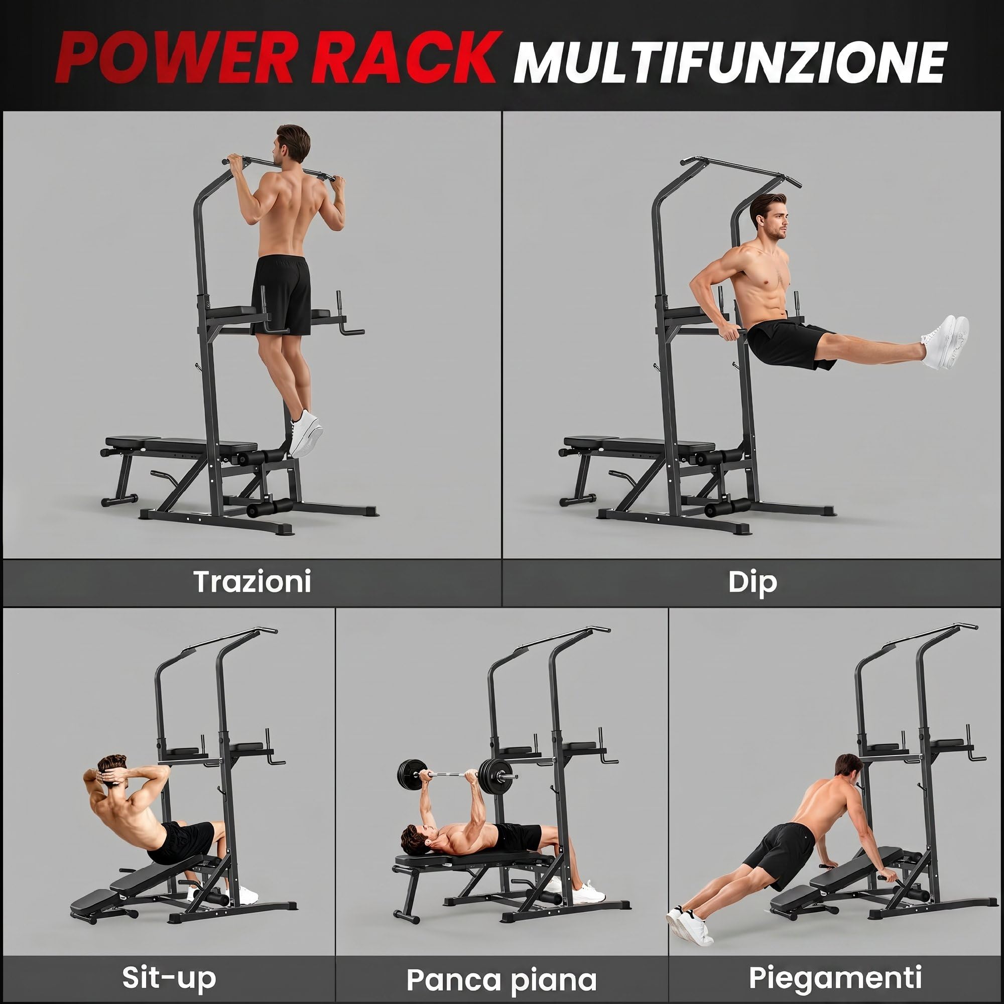 HOMCOM Power Tower Pieghevole, Panca Piana Regolabile, Rack Palestra